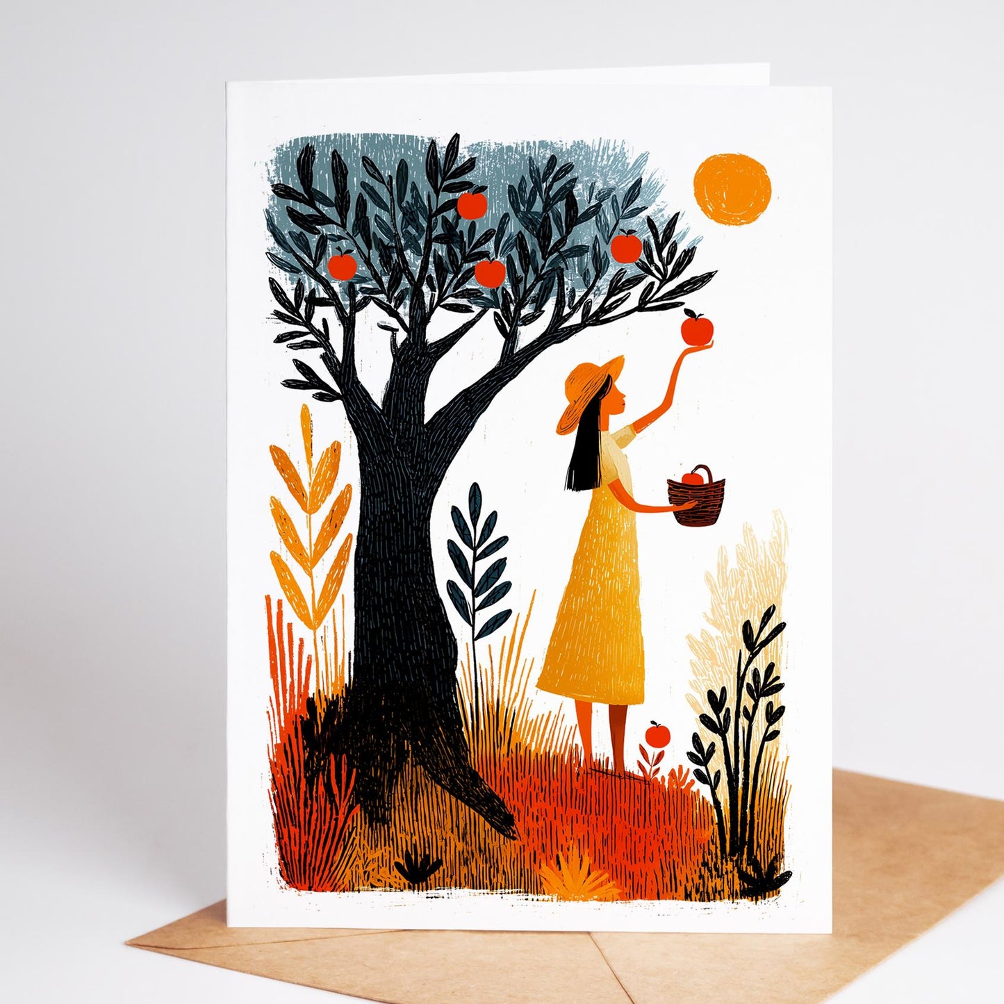 Gardening folk-art greeting card, blank inside