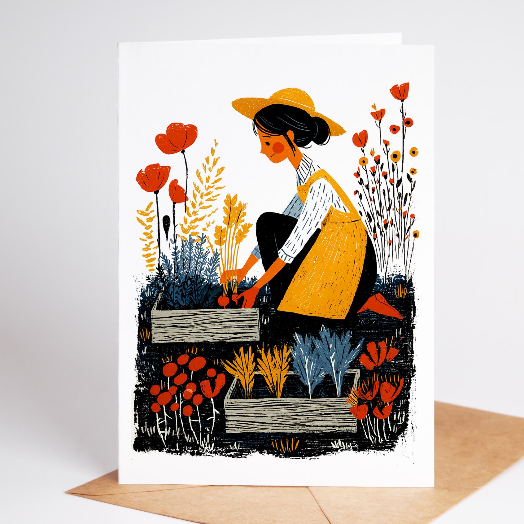 Gardening folk-art greeting card, blank inside
