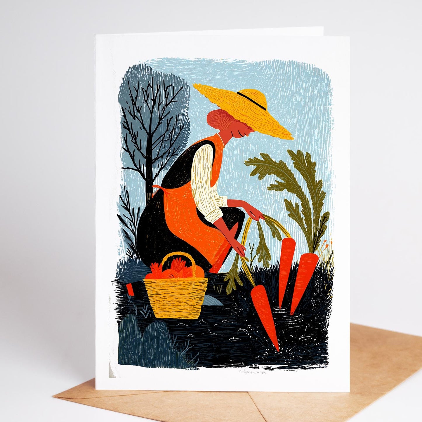 Gardening folk-art greeting card, blank inside