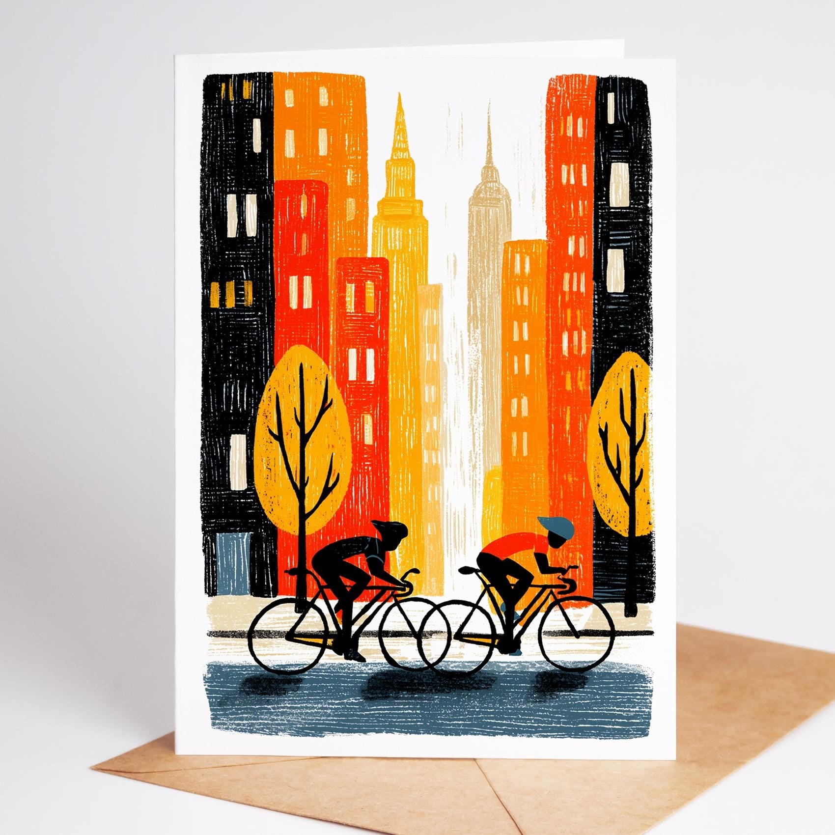 Cycling folk-art greeting card, blank inside
