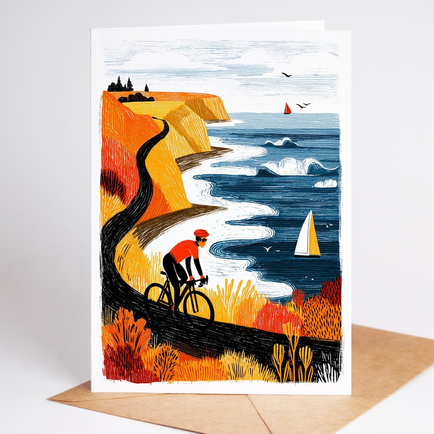 Cycling folk-art greeting card, blank inside