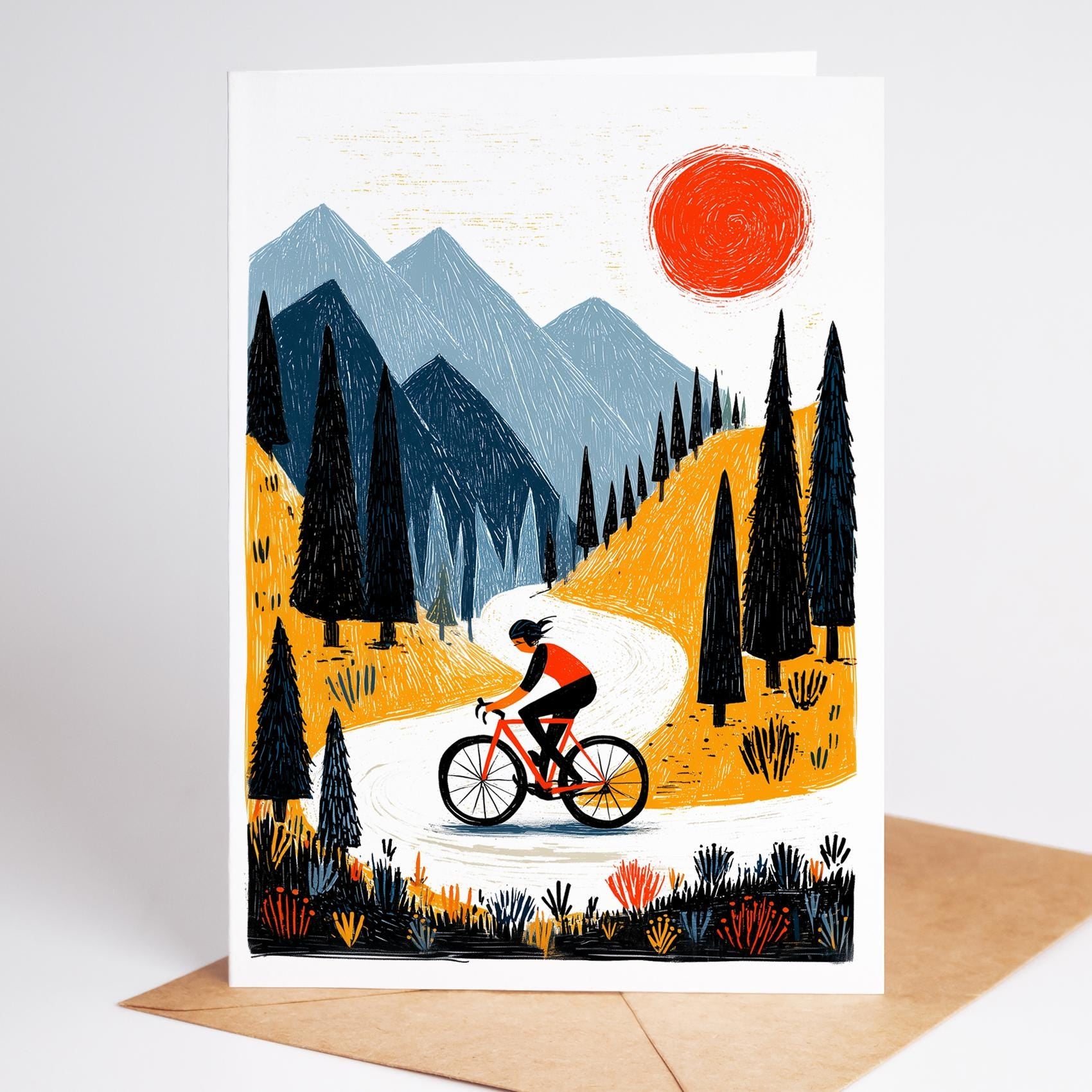 Cycling folk-art greeting card, blank inside