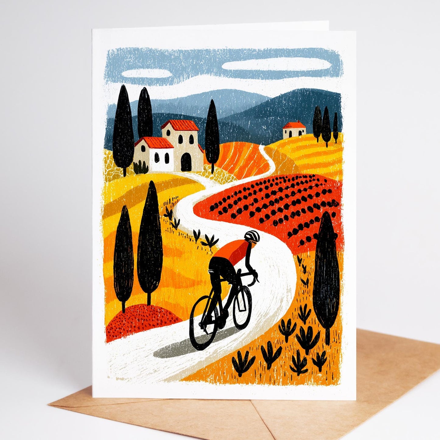 Cycling folk-art greeting card, blank inside