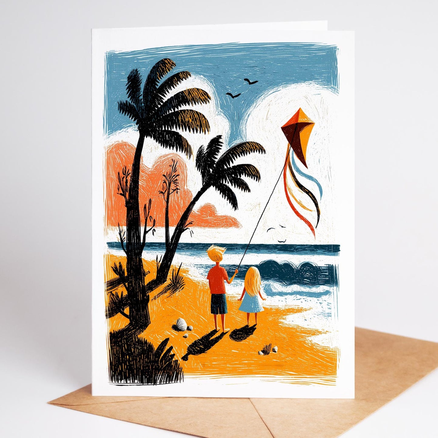 Coastal folk-art greeting card, blank inside