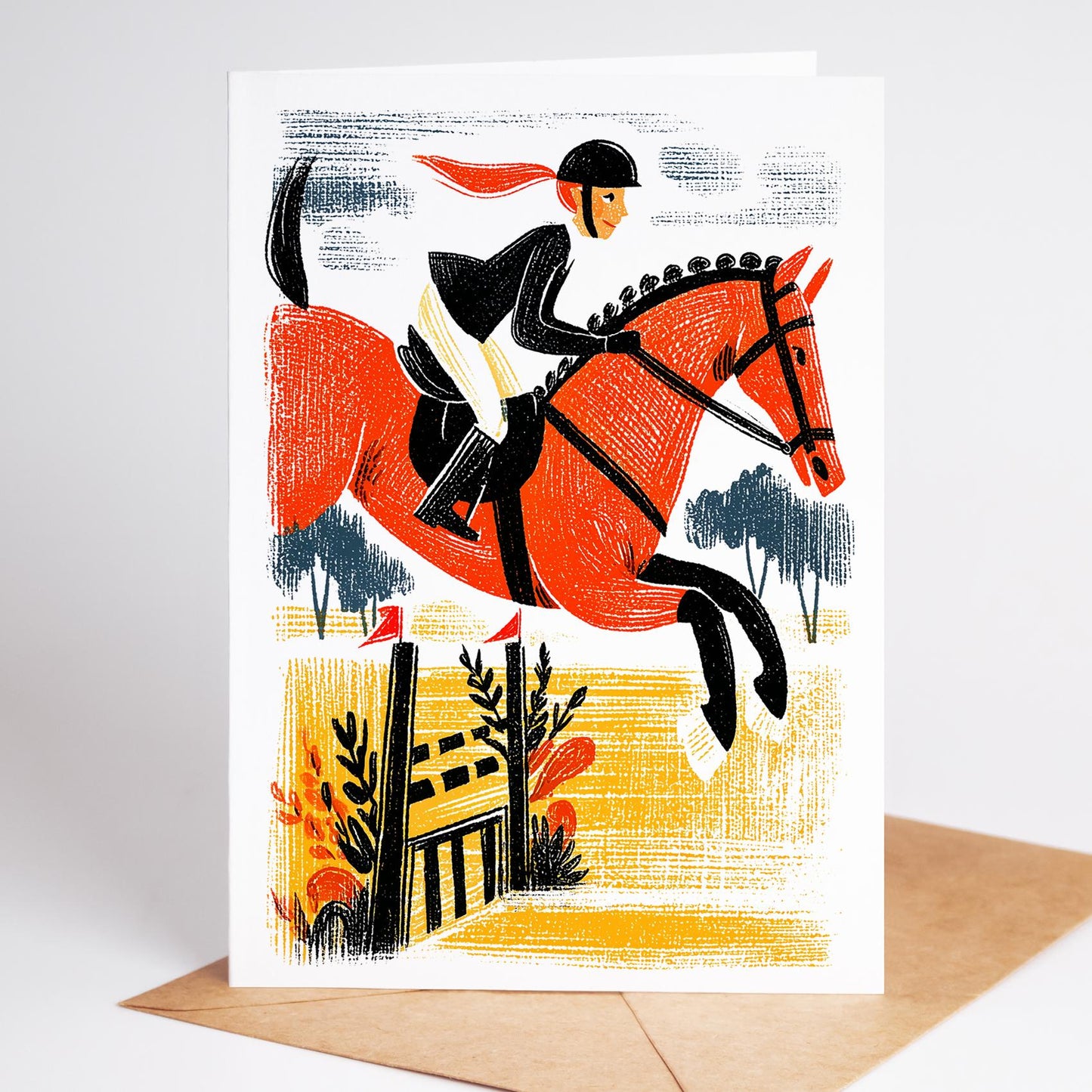 Equestrian folk-art greeting card, blank inside