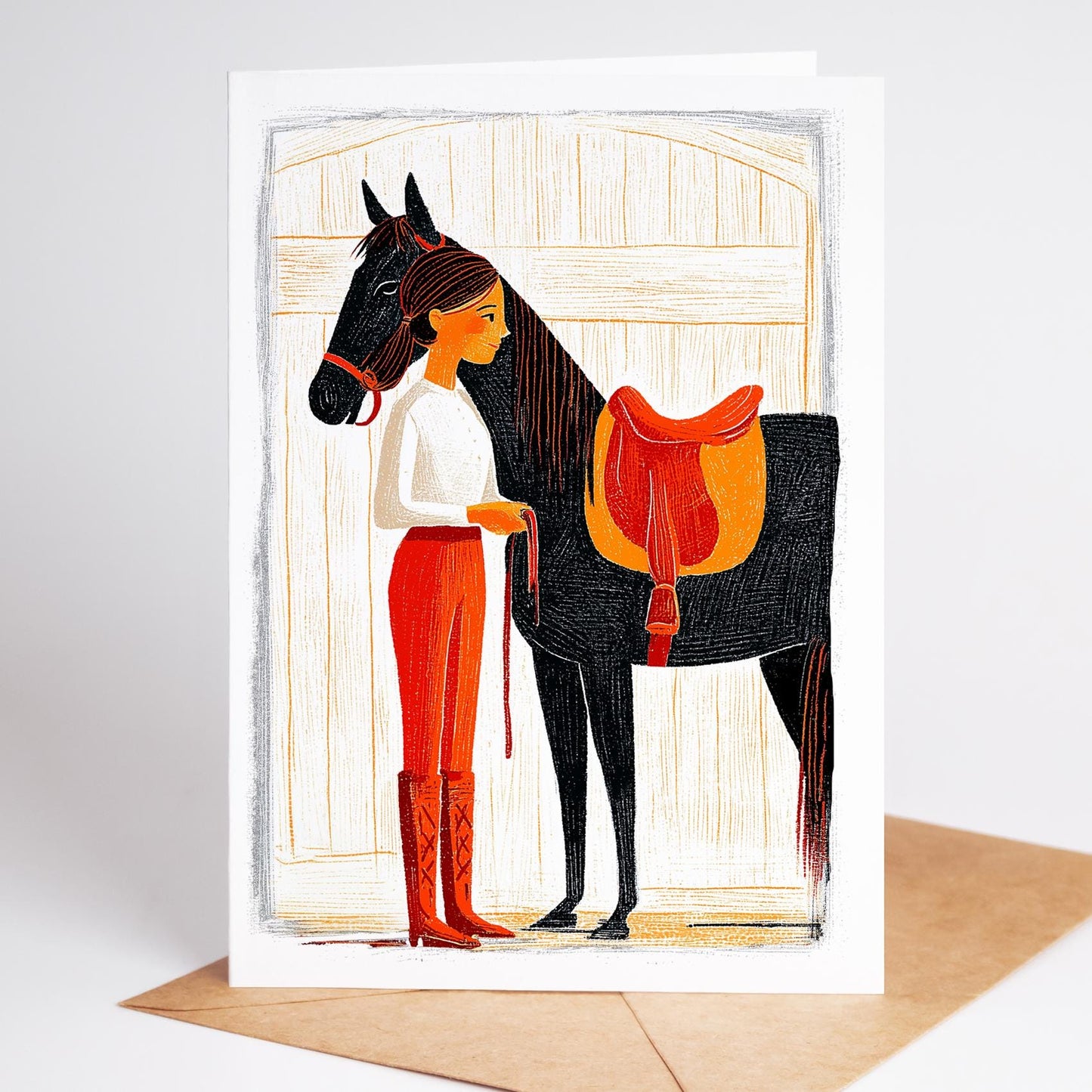 Equestrian folk-art greeting card, blank inside