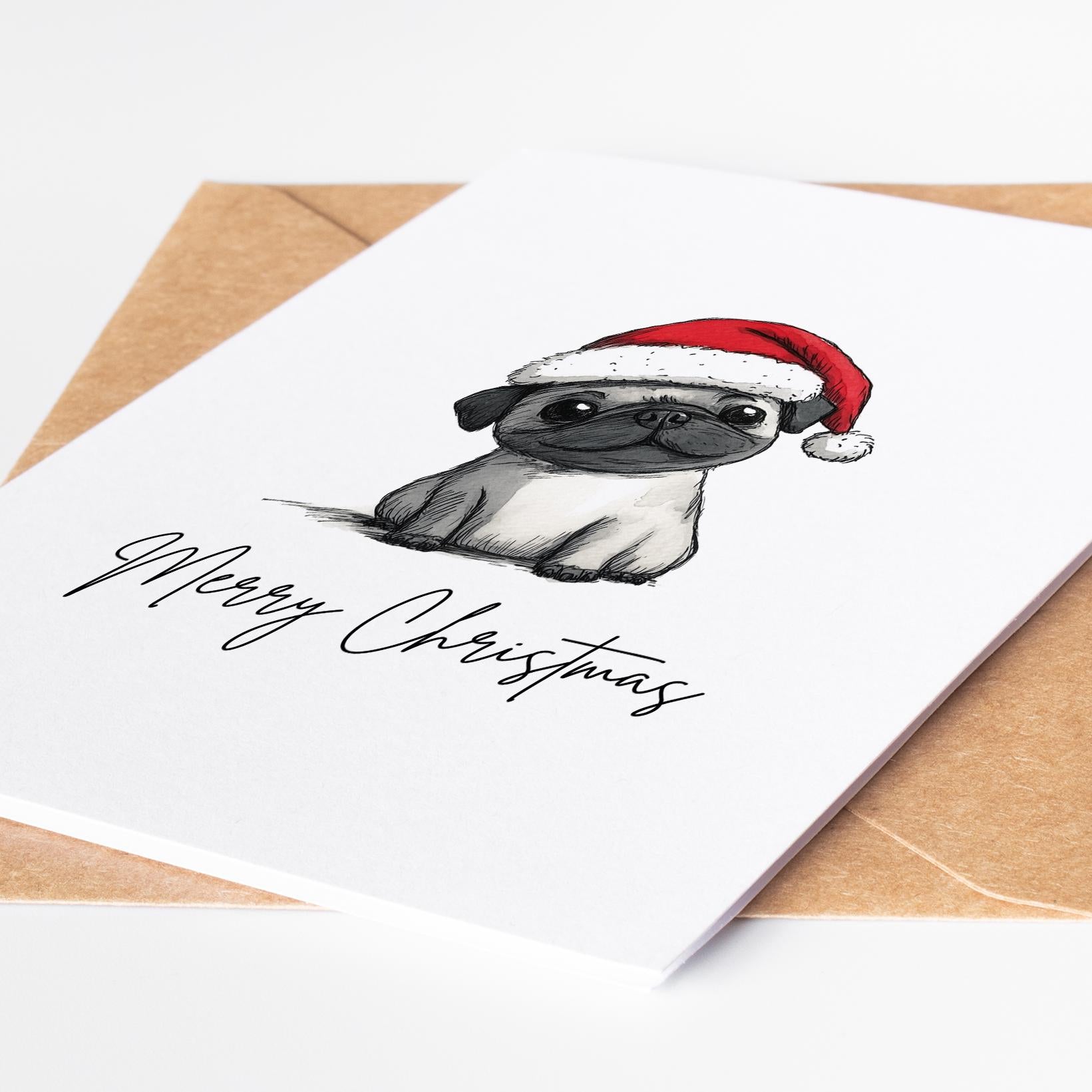 Pug folk-art greeting card, blank inside
