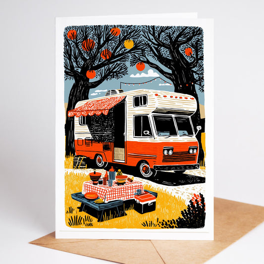 RV folk-art greeting card, blank inside