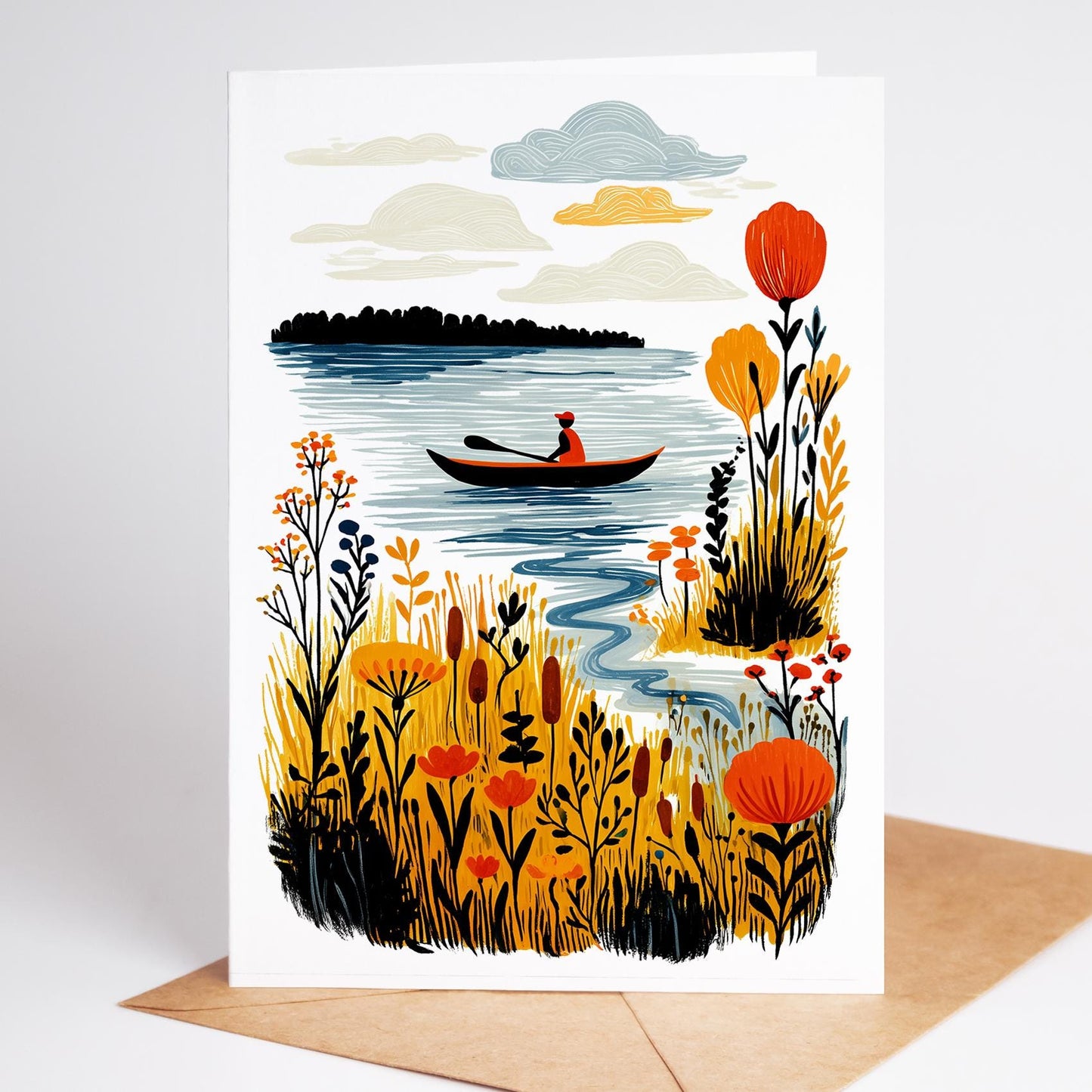 Kayak folk-art greeting card, blank inside