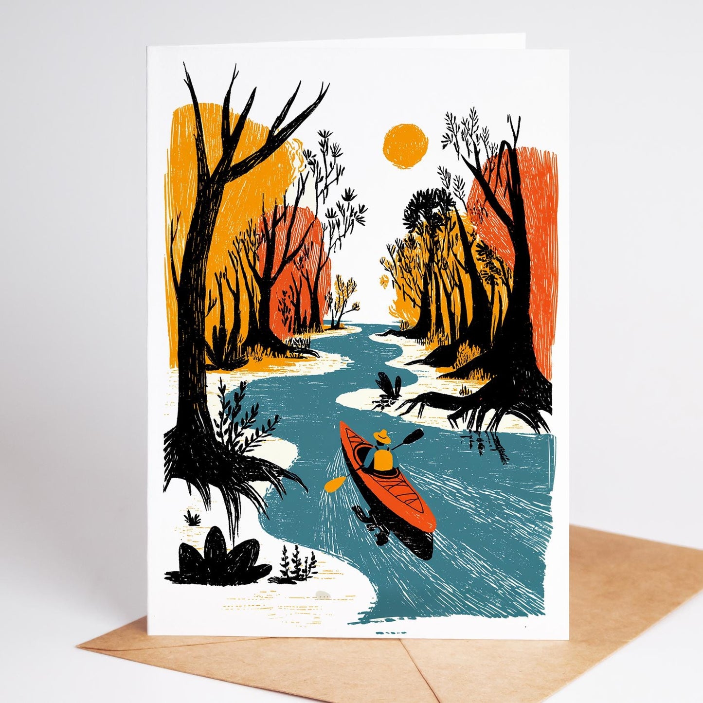Kayak folk-art greeting card, blank inside