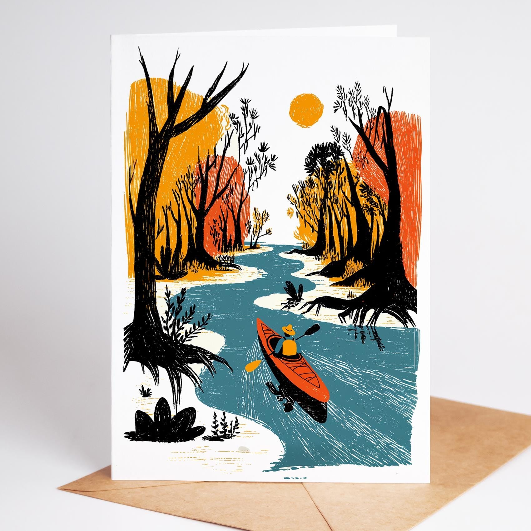 Kayak folk-art greeting card, blank inside