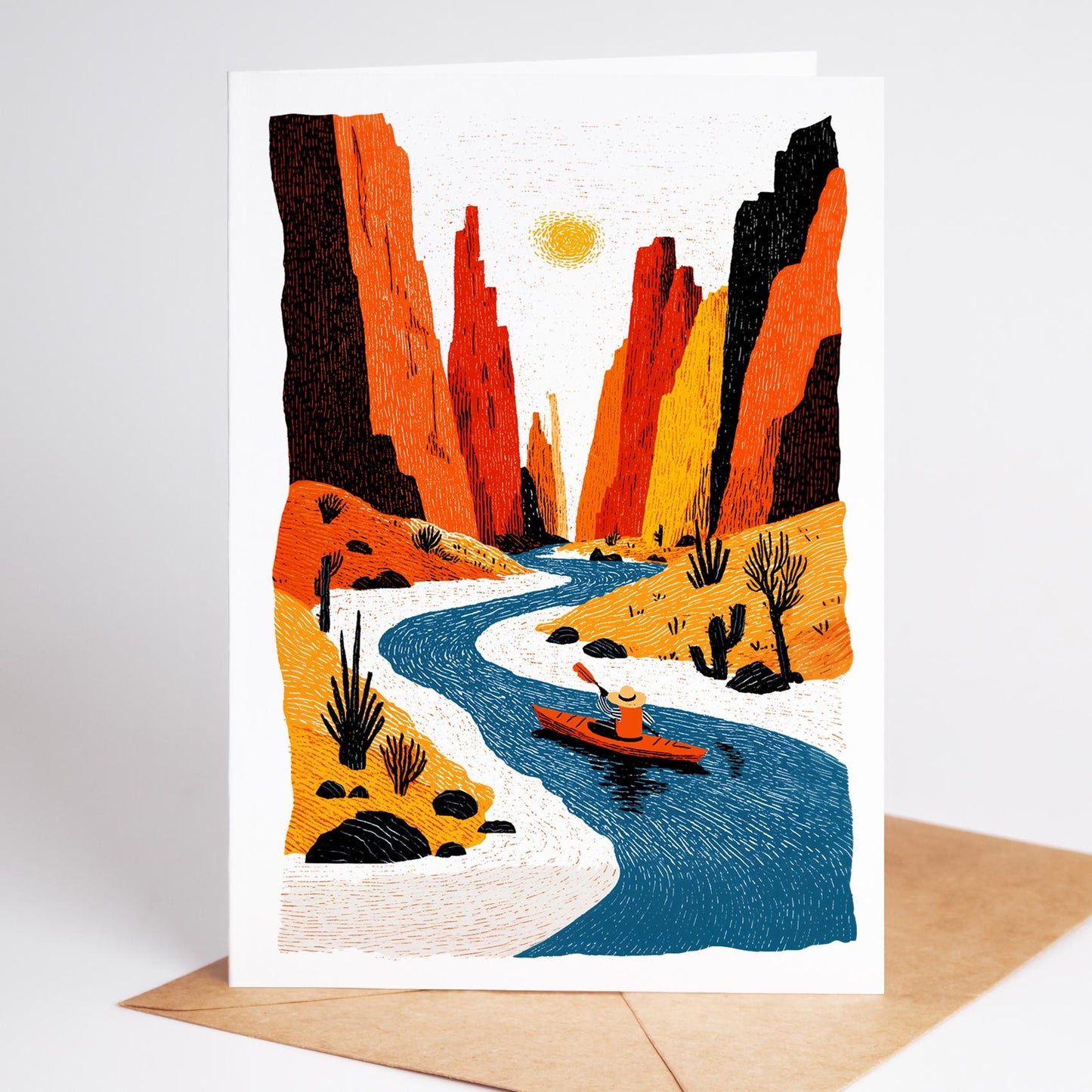 Kayak folk-art greeting card, blank inside
