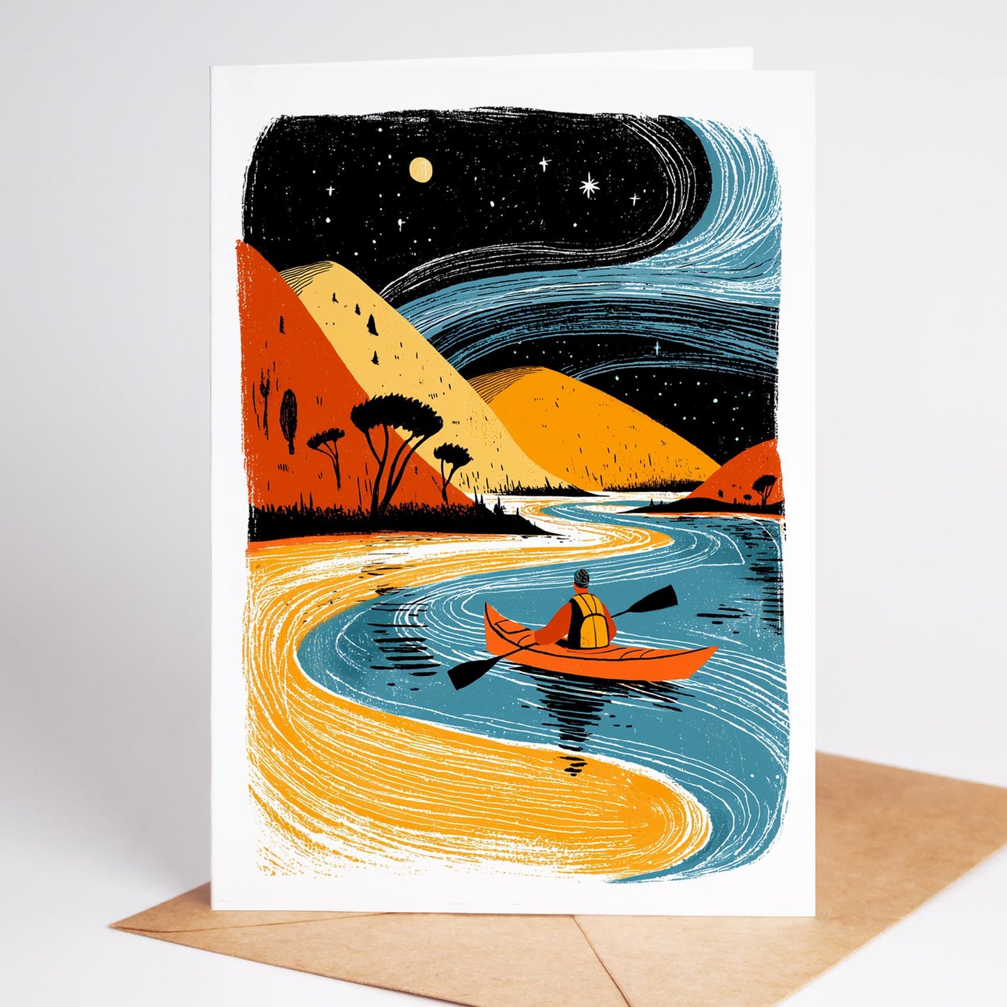 Kayak folk-art greeting card, blank inside
