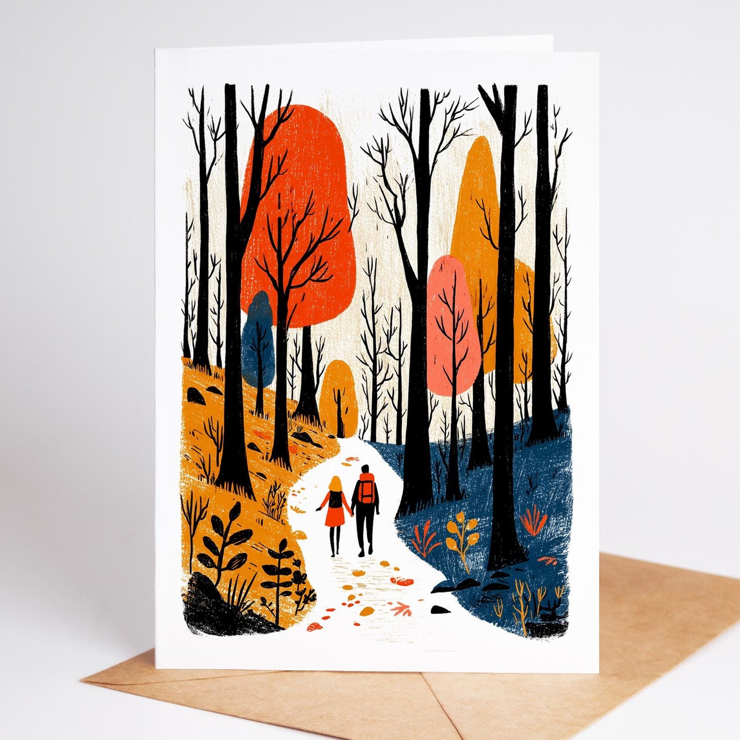 Hiking folk-art greeting card, blank inside