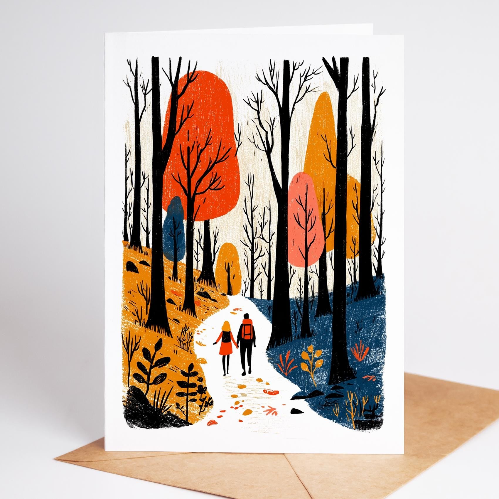 Hiking folk-art greeting card, blank inside