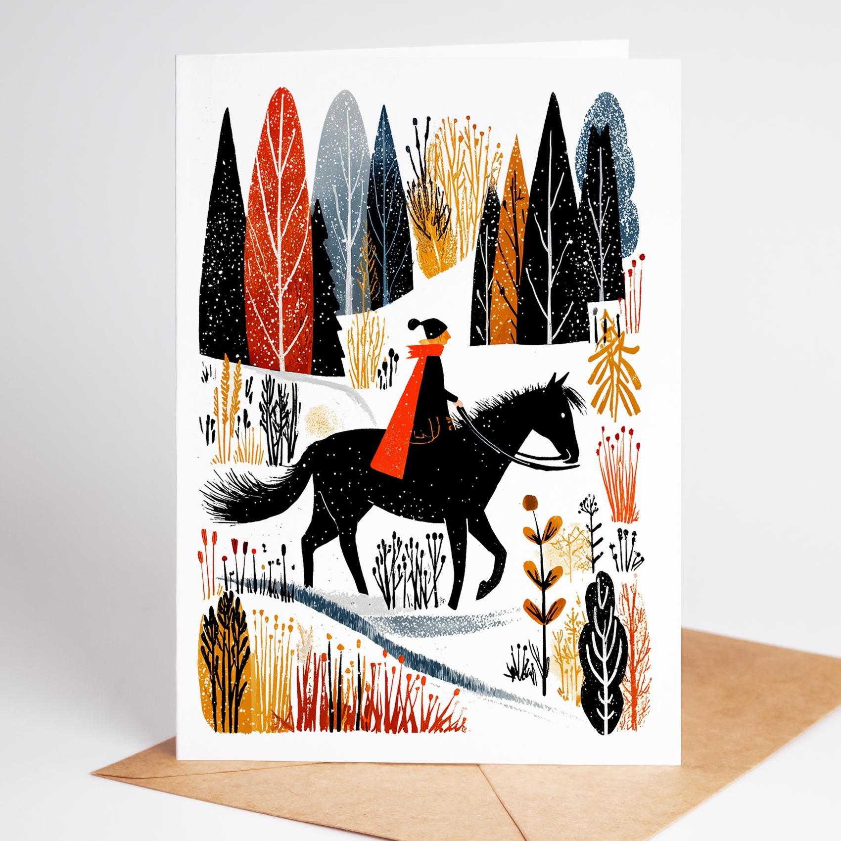Equestrian folk-art greeting card, blank inside