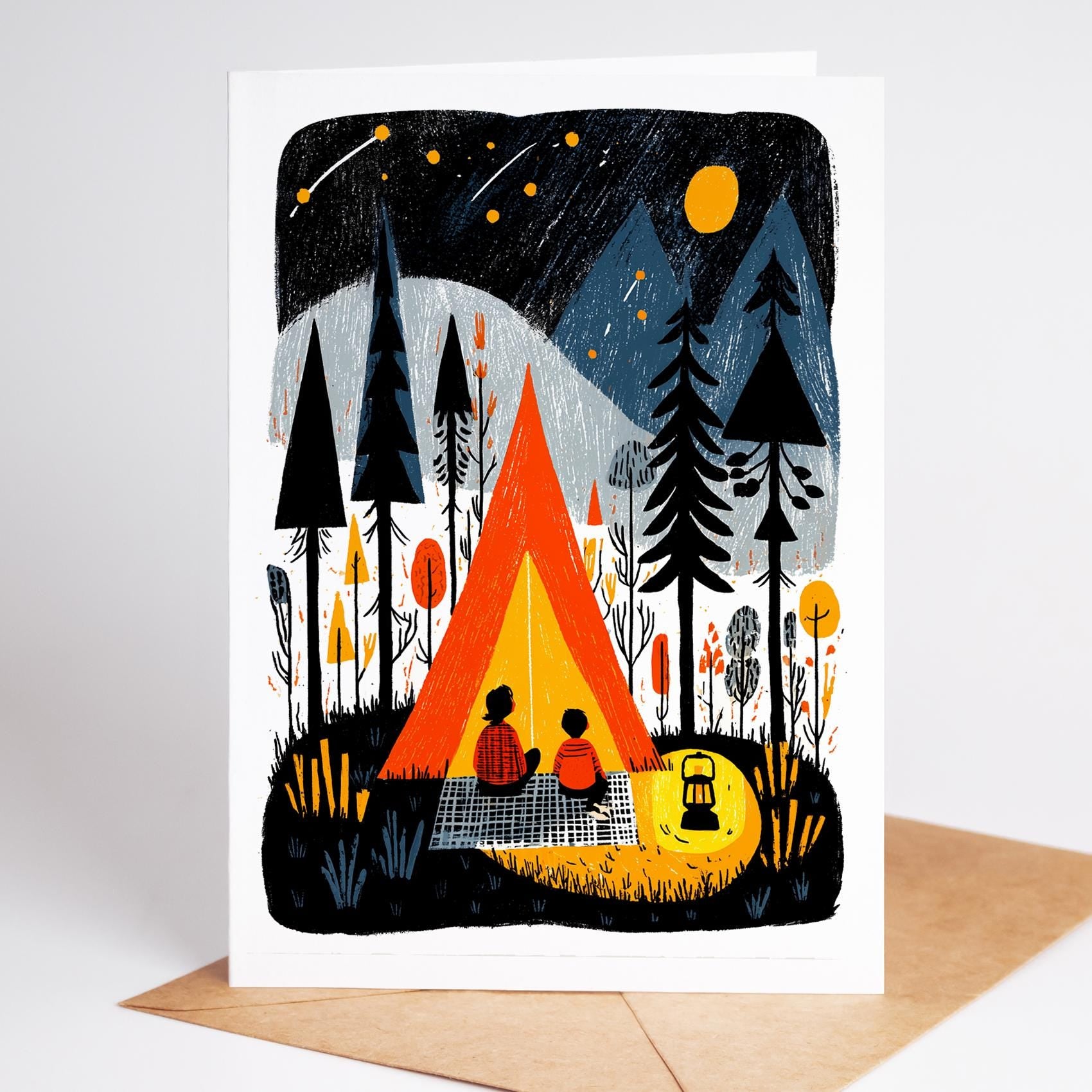 Camping folk-art greeting card, blank inside