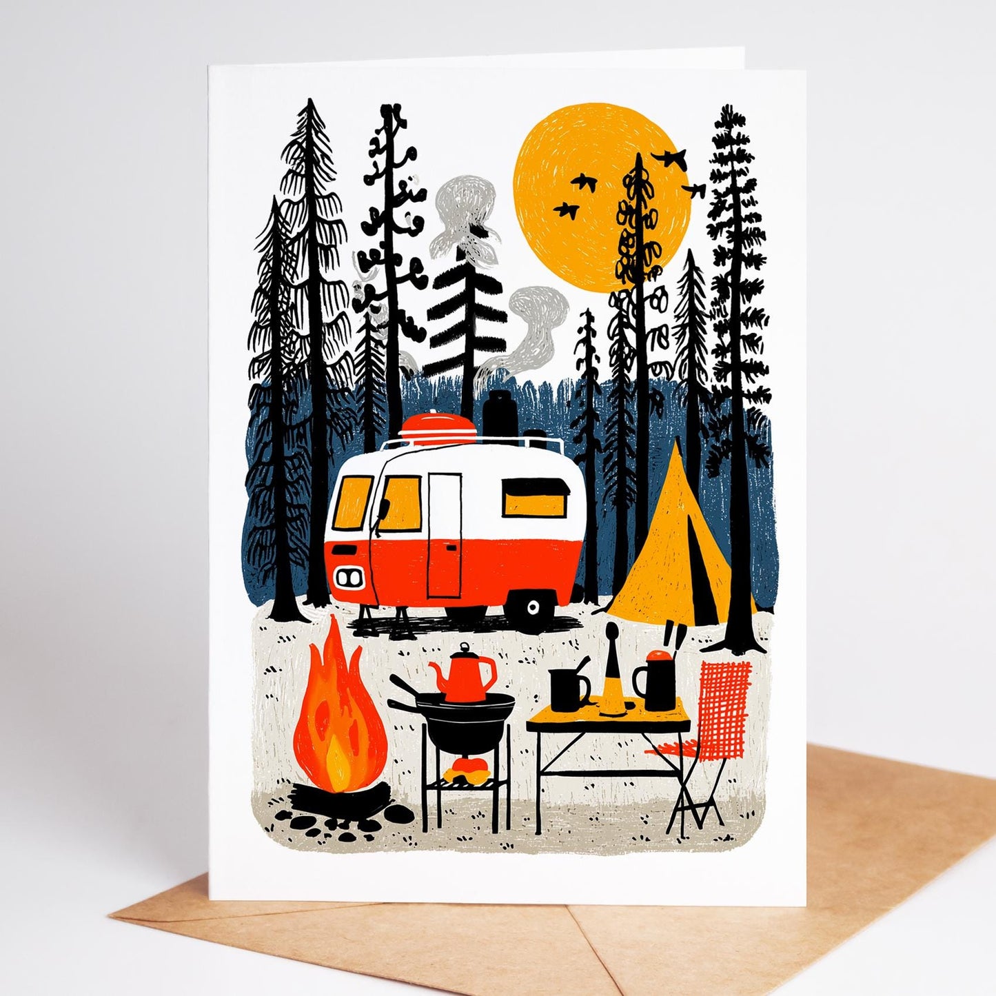 Camping folk-art greeting card, blank inside