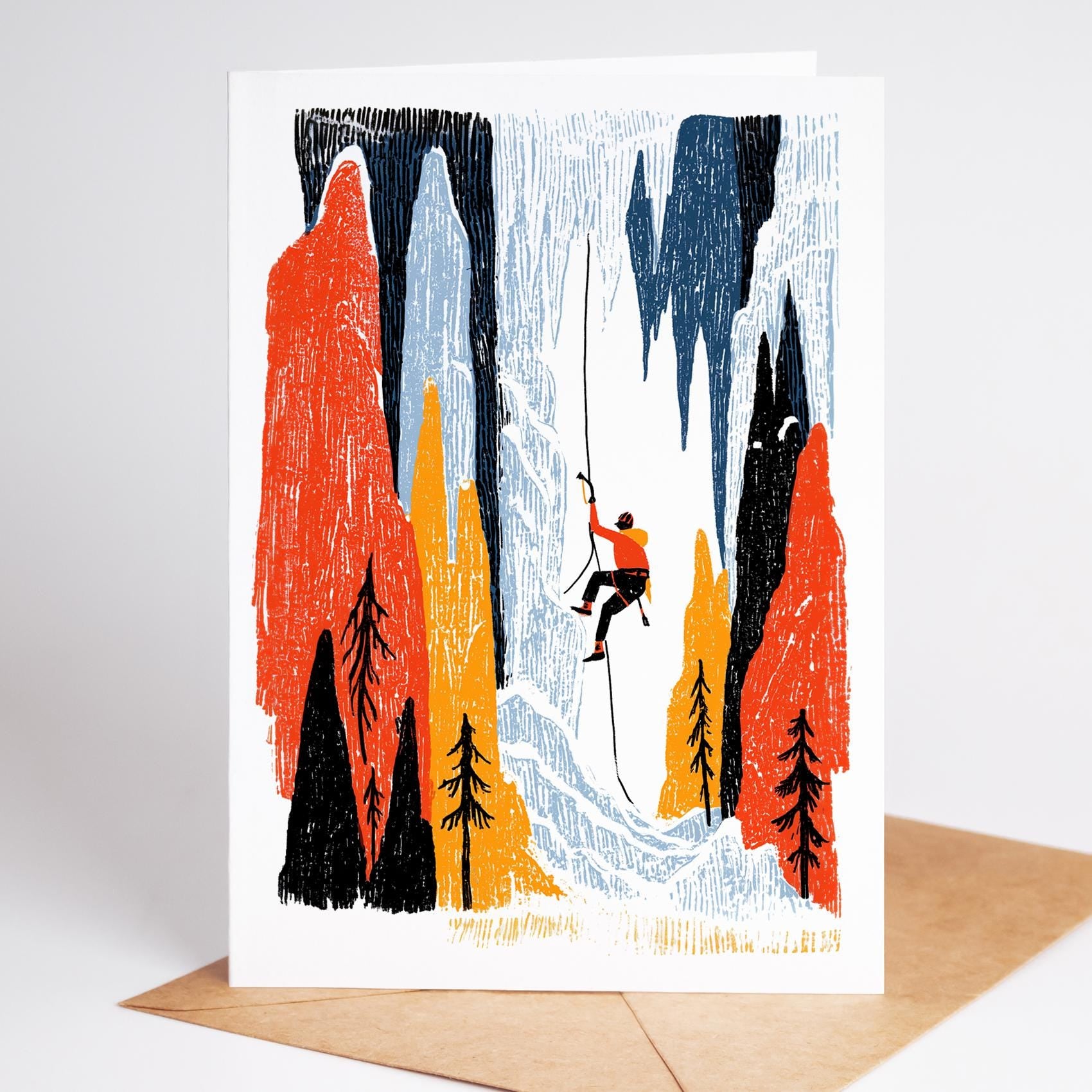 Rock Climbing folk-art greeting card, blank inside