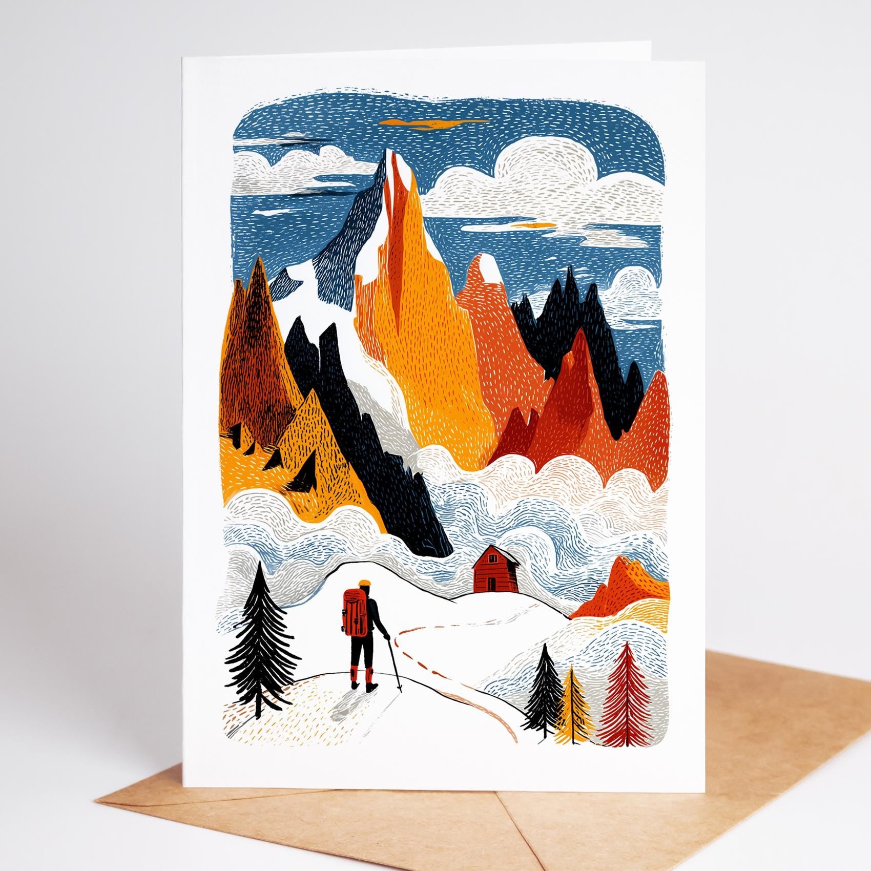 Rock Climbing folk-art greeting card, blank inside