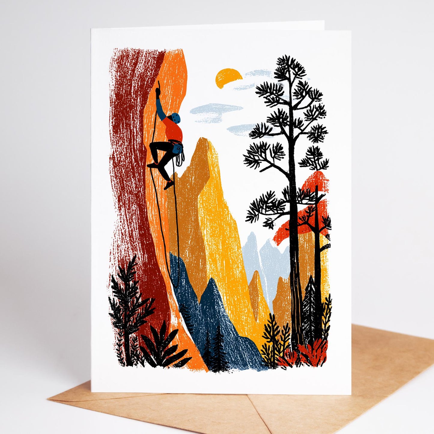 Rock Climbing folk-art greeting card, blank inside