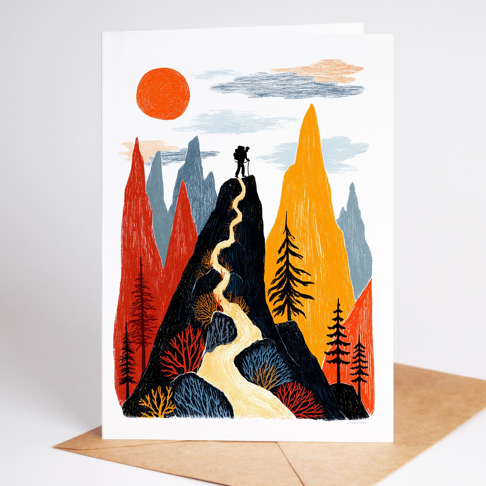 Rock Climbing folk-art greeting card, blank inside