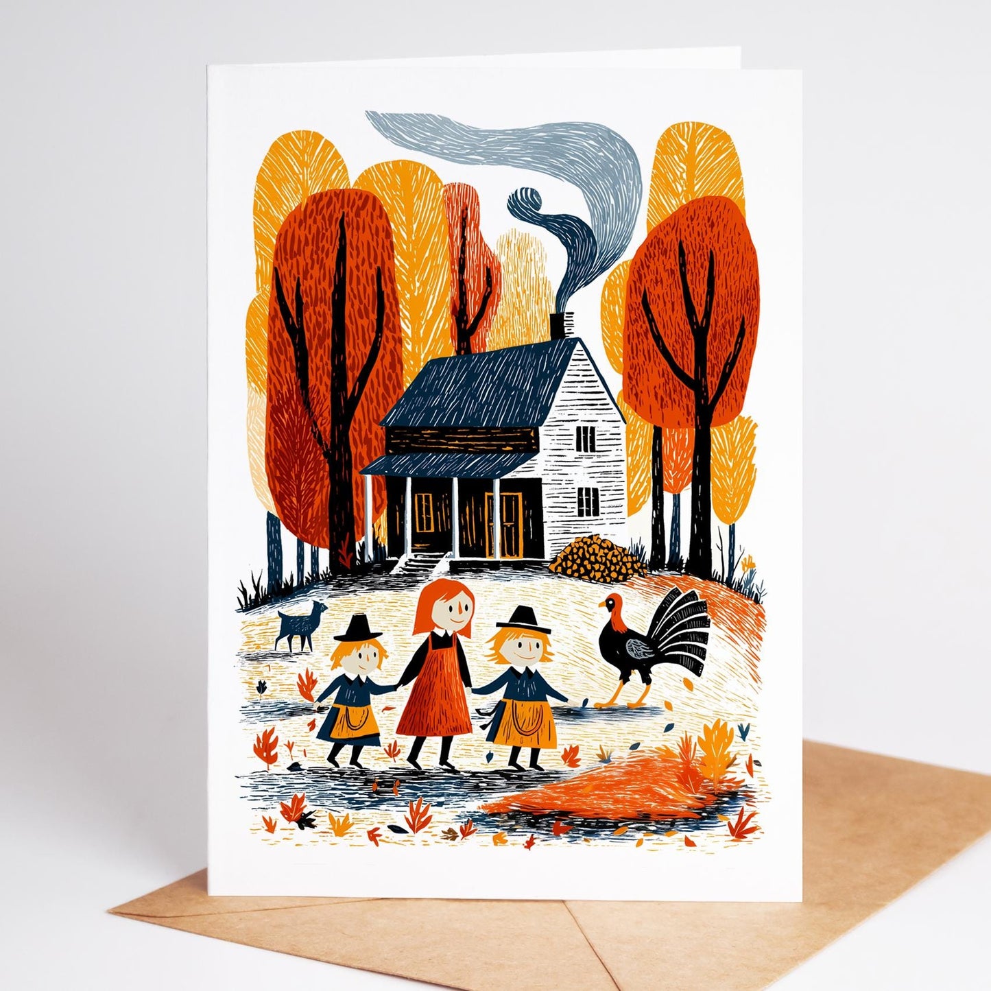 Thanksgiving Cards Set folk-art greeting card, blank inside