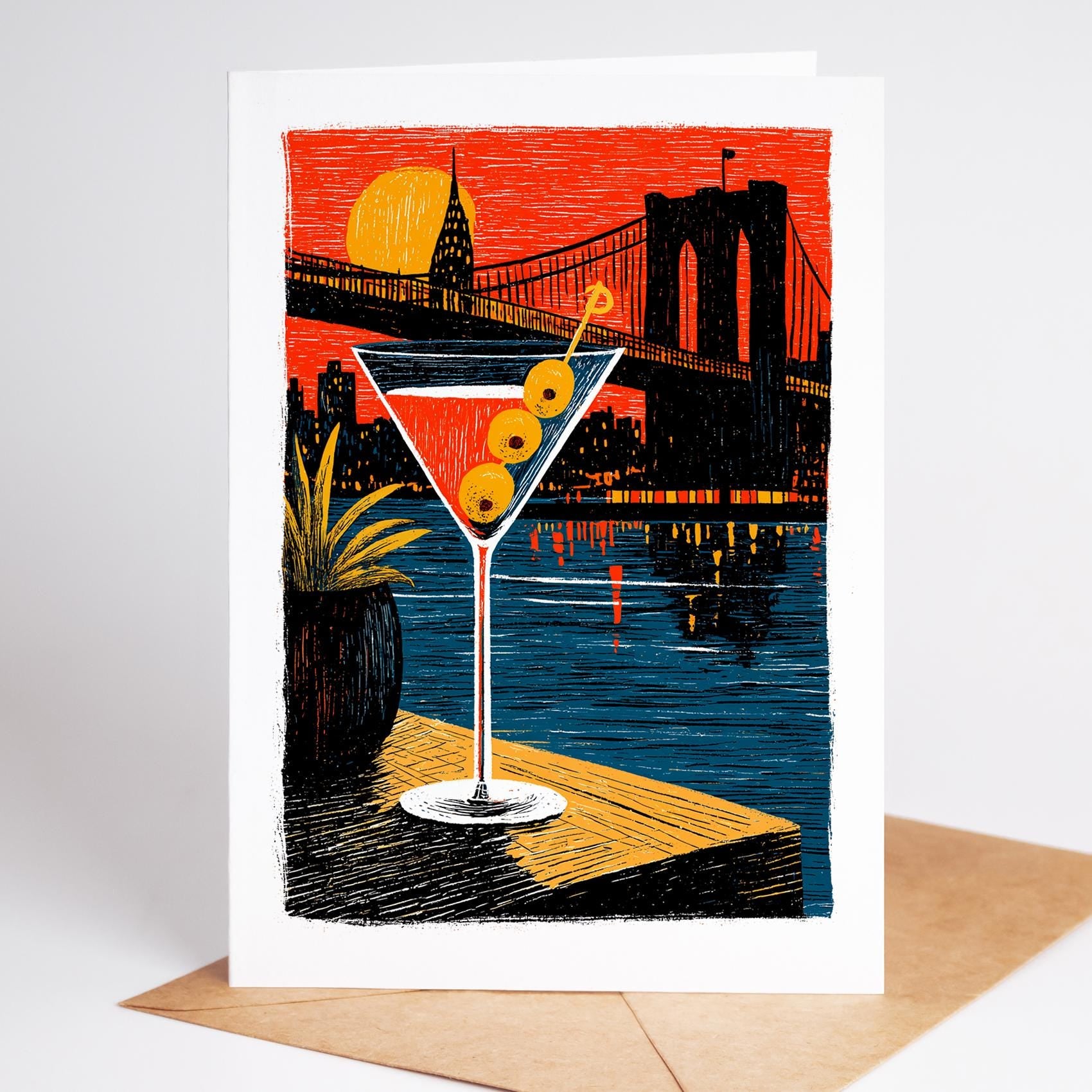 Cocktail folk-art greeting card, blank inside
