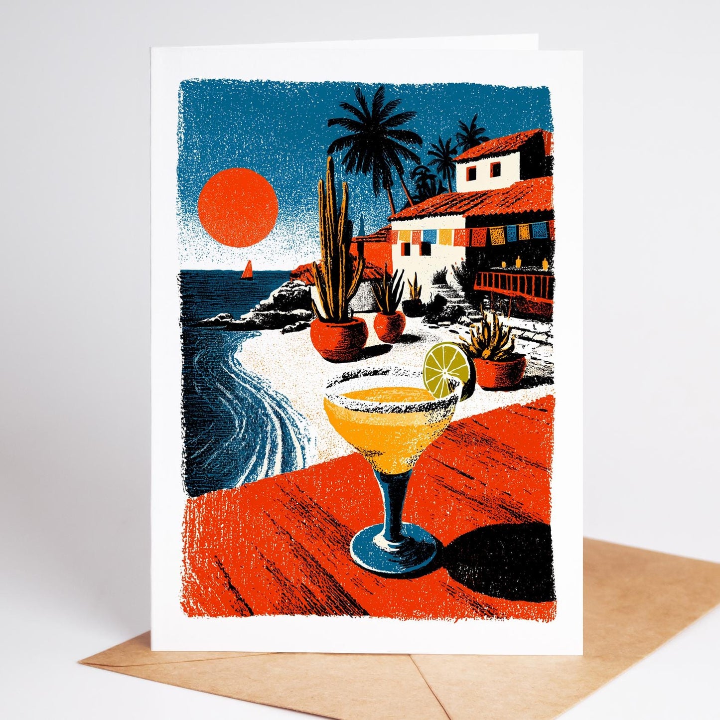 Cocktail folk-art greeting card, blank inside