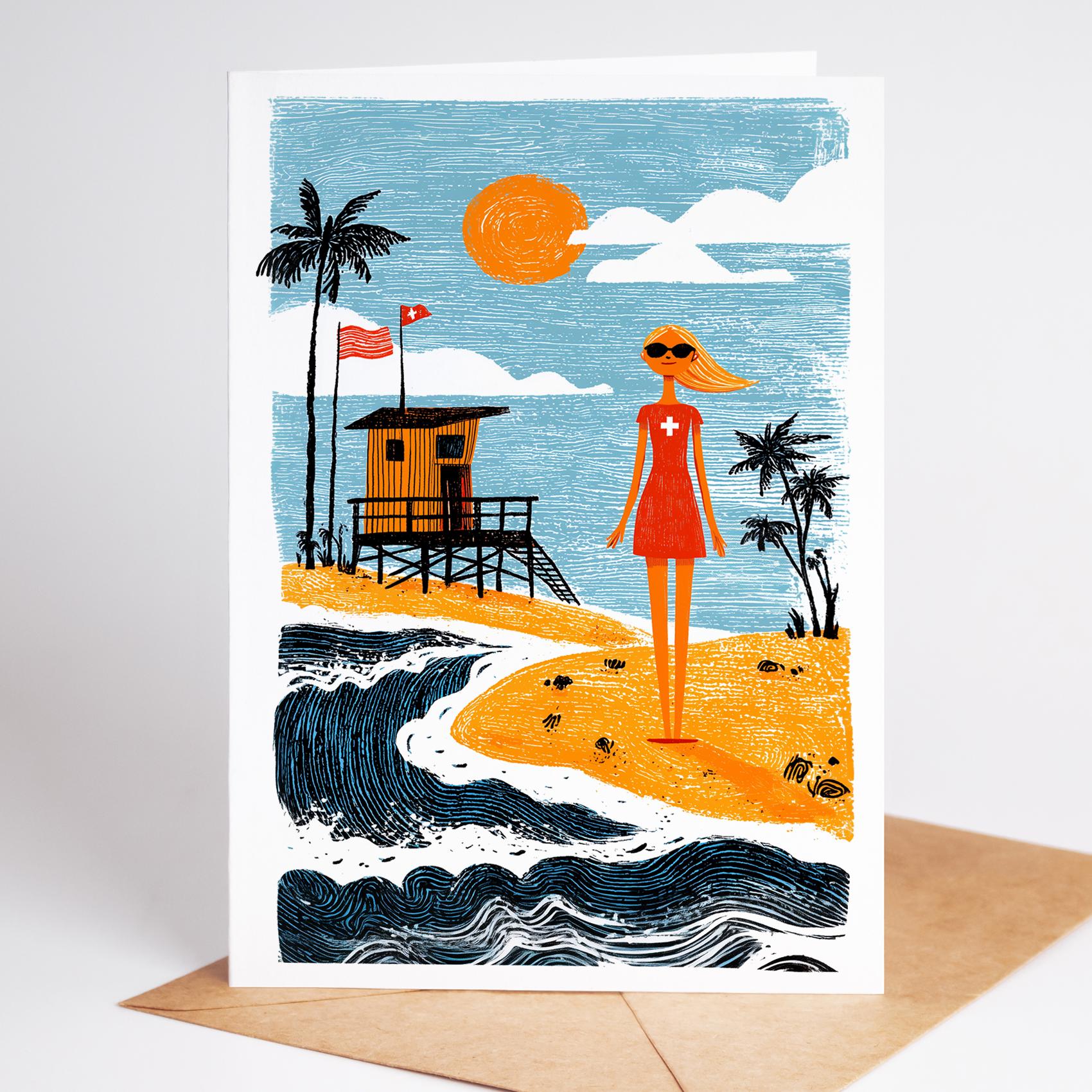 Coastal folk-art greeting card, blank inside