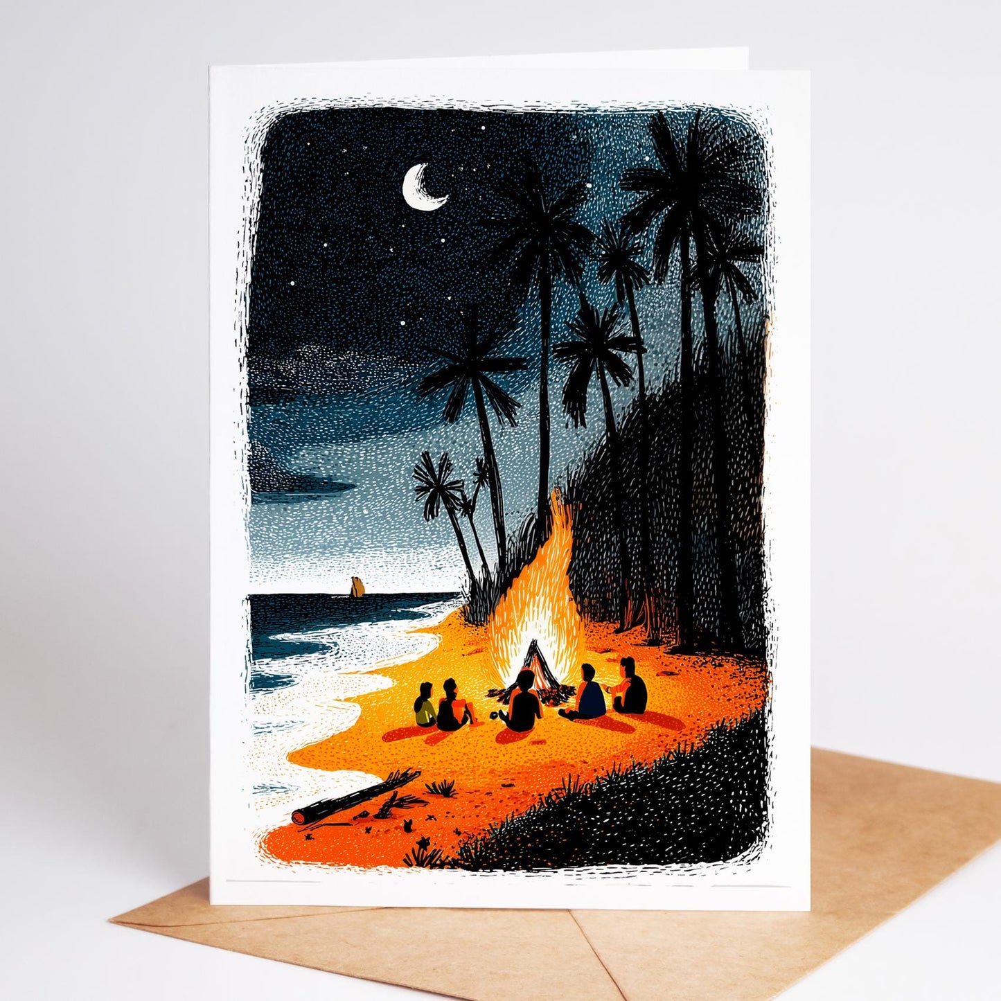 Coastal folk-art greeting card, blank inside