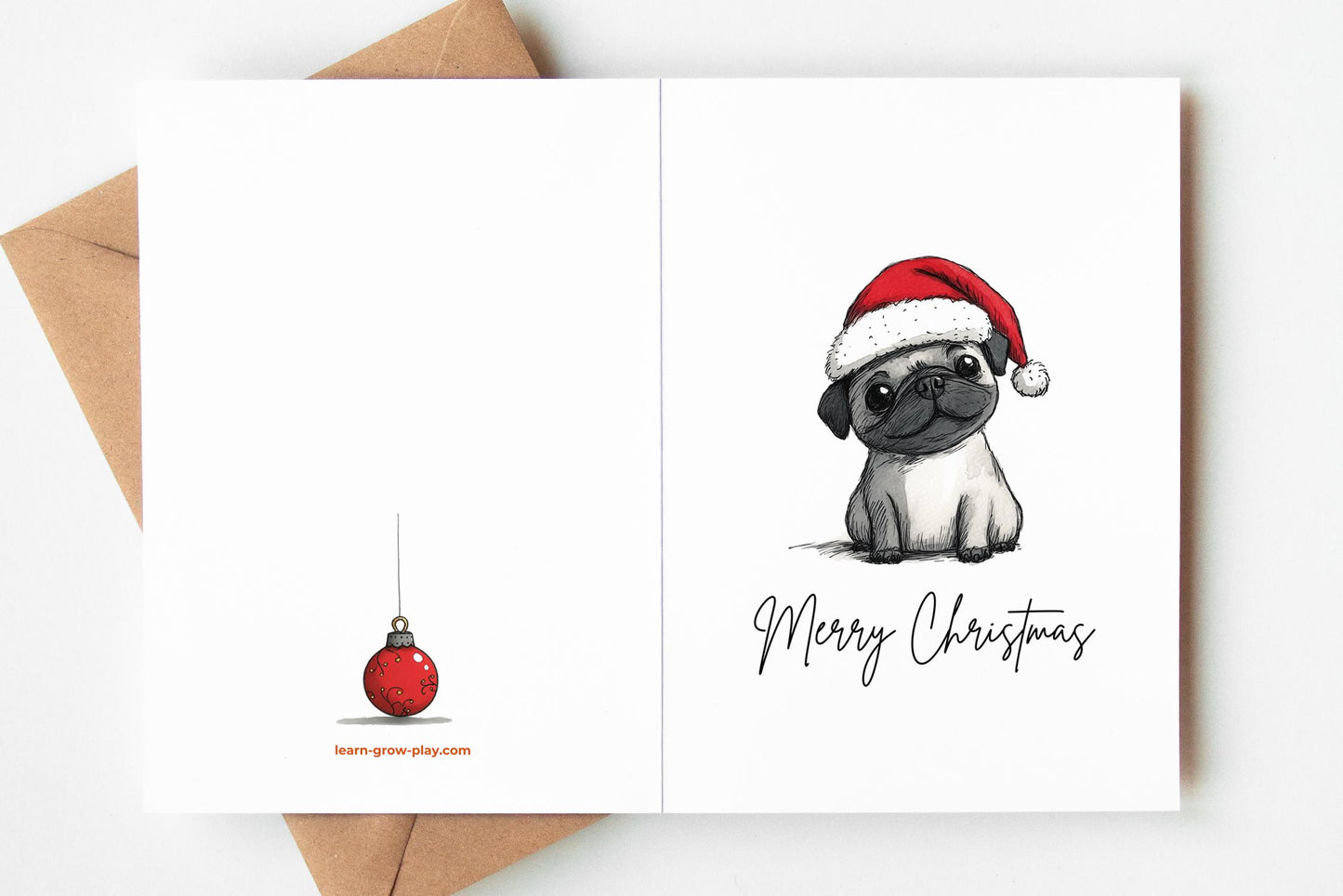Pug folk-art greeting card, blank inside