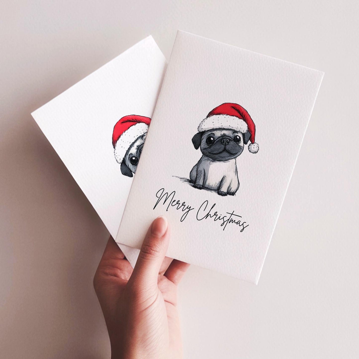 Pug folk-art greeting card, blank inside