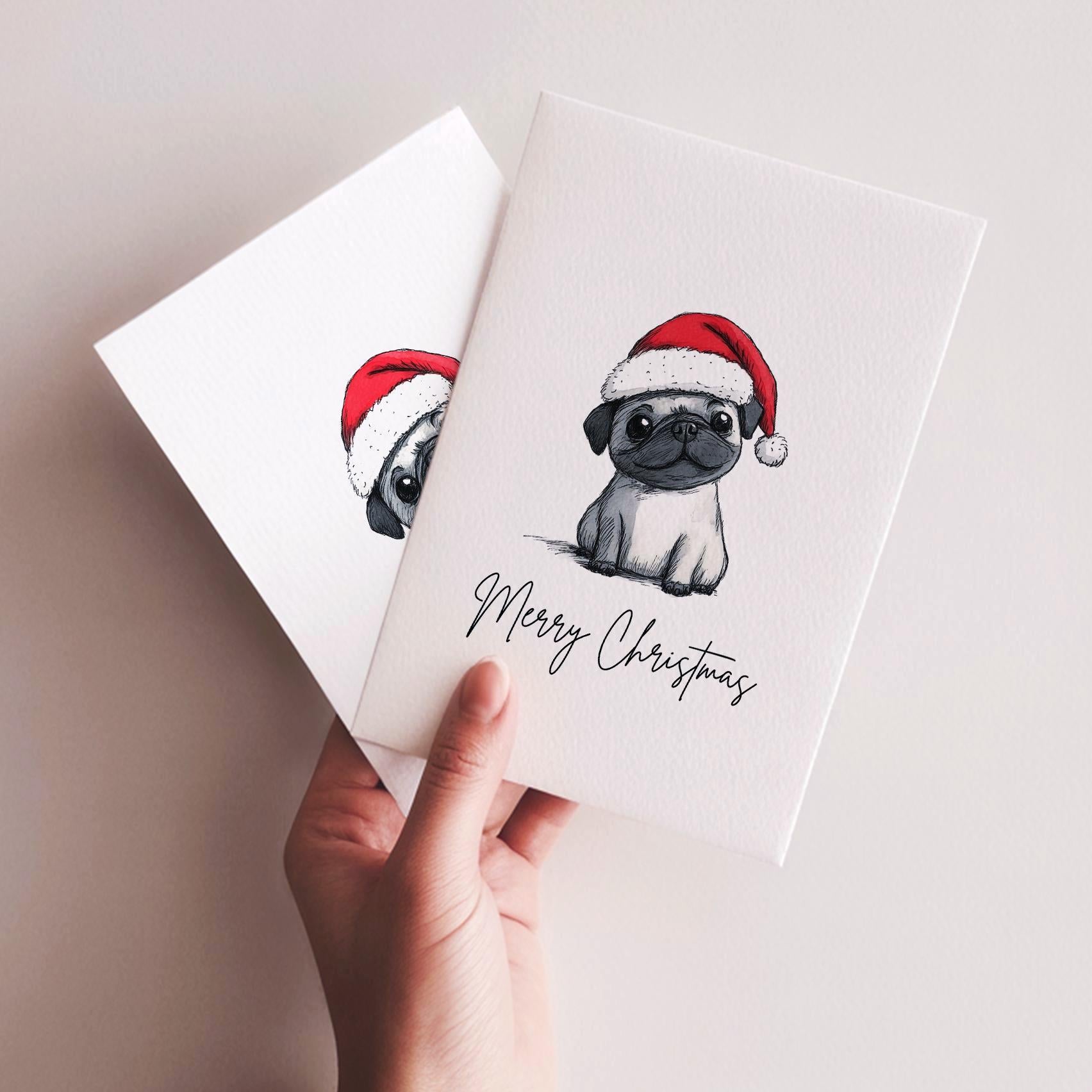 Pug folk-art greeting card, blank inside