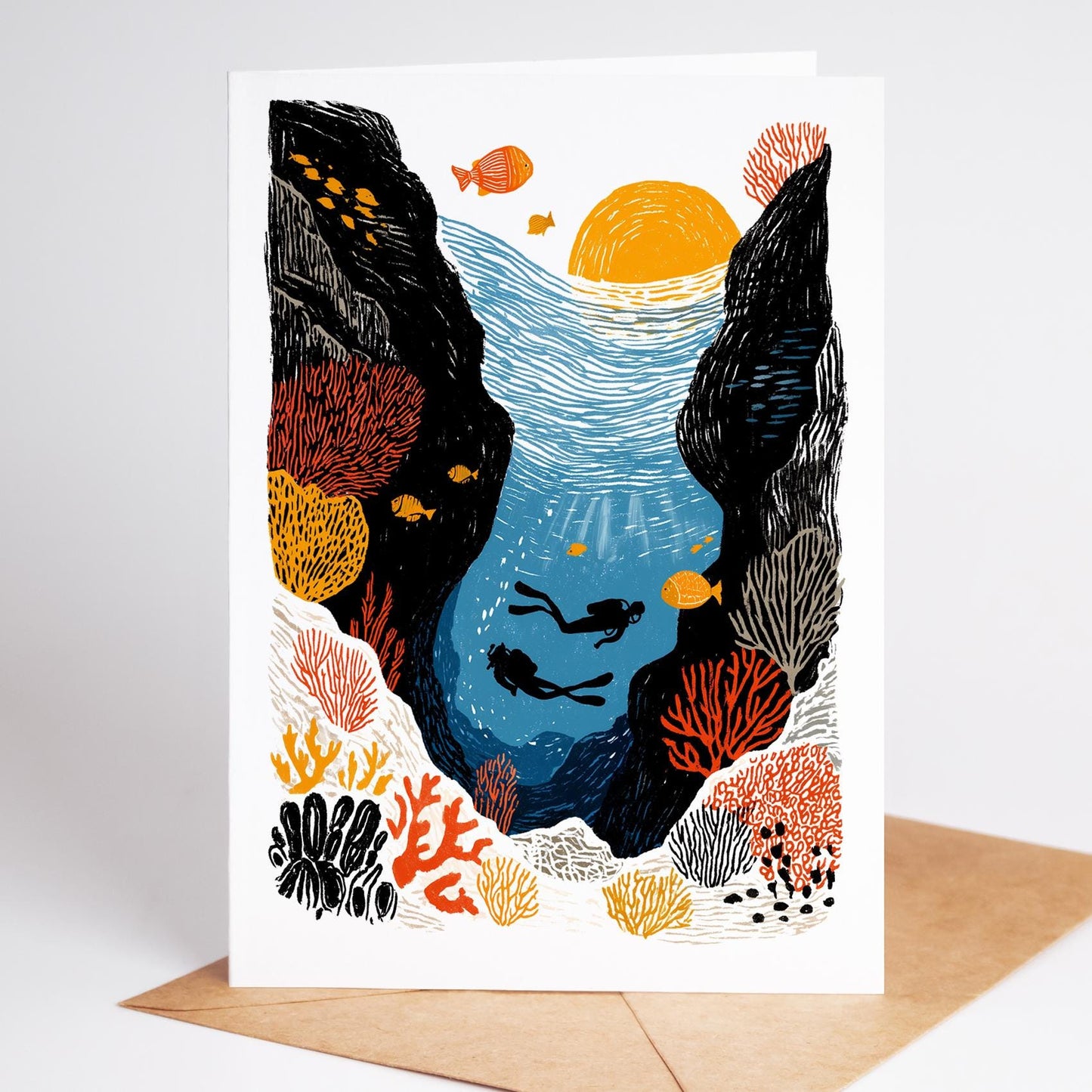 SCUBA folk-art greeting card, blank inside
