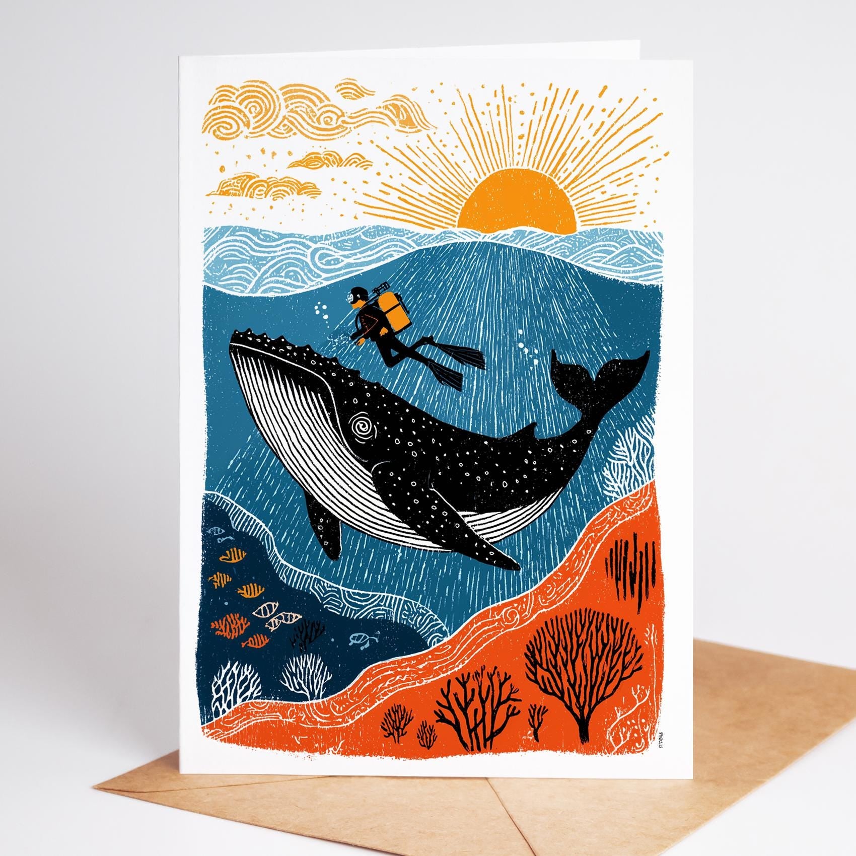 SCUBA folk-art greeting card, blank inside