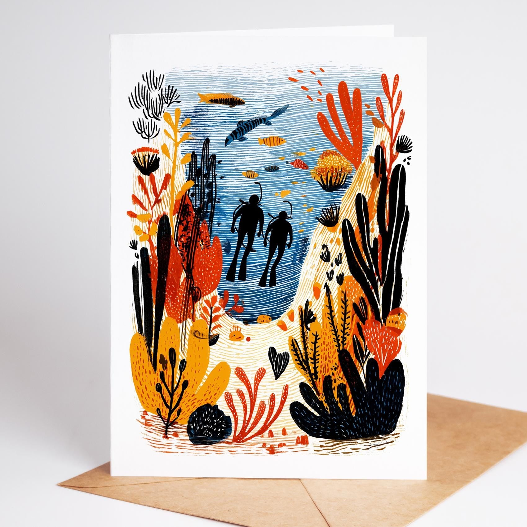 SCUBA folk-art greeting card, blank inside