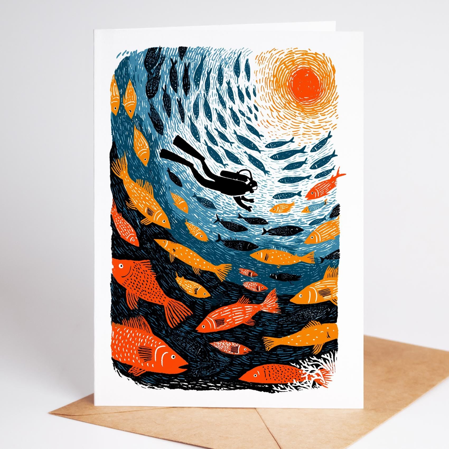SCUBA folk-art greeting card, blank inside