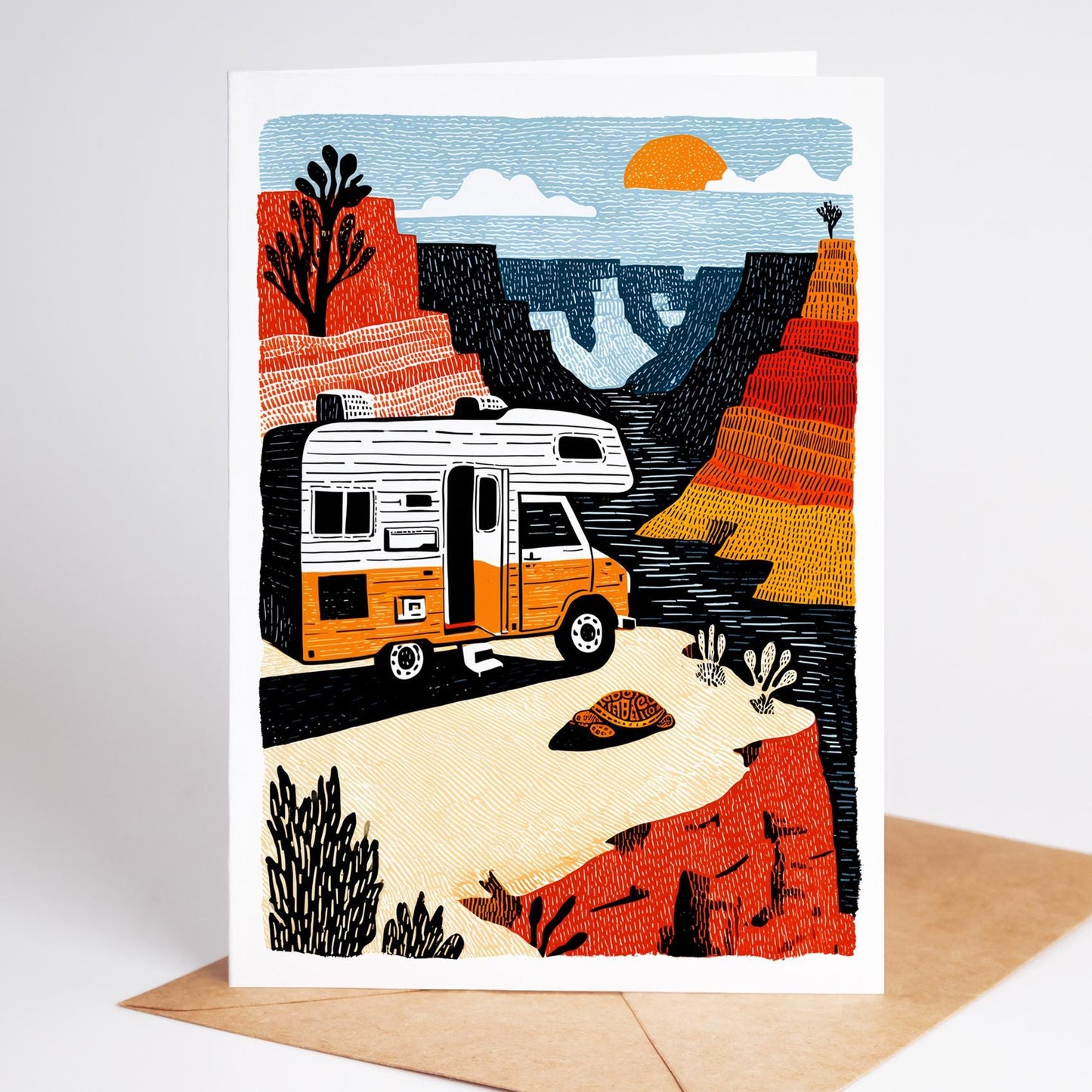 RV folk-art greeting card, blank inside