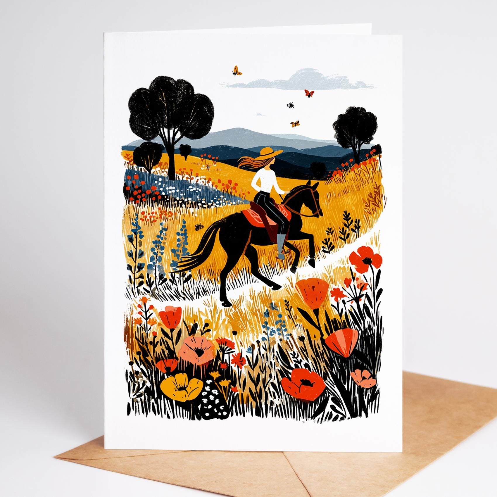 Equestrian folk-art greeting card, blank inside