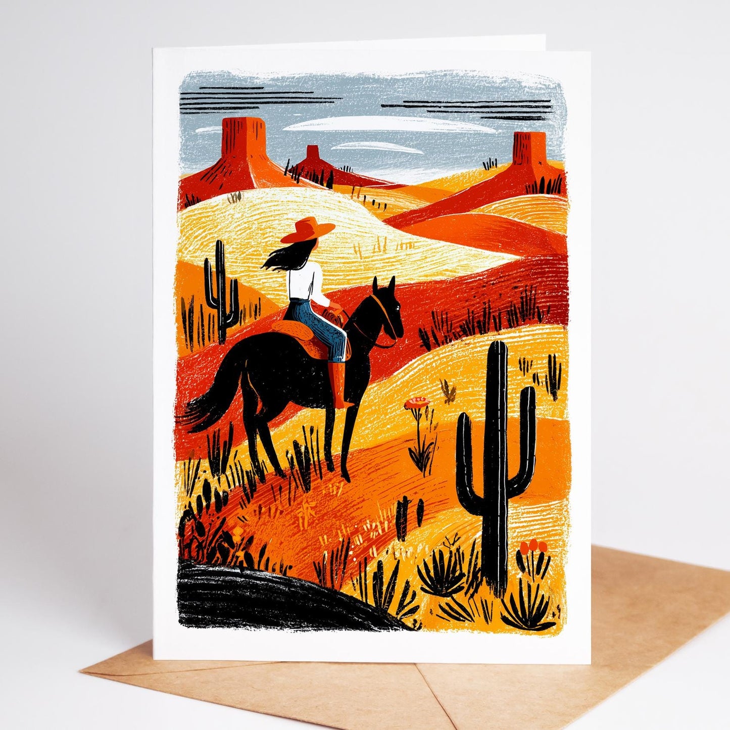 Equestrian folk-art greeting card, blank inside