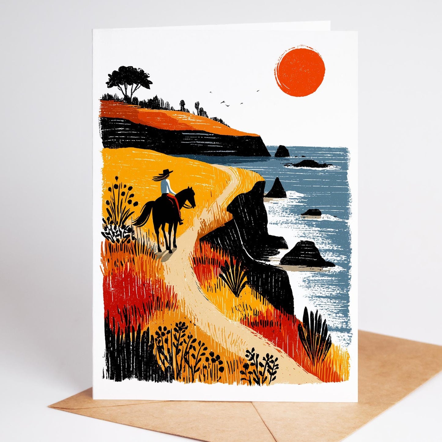 Equestrian folk-art greeting card, blank inside