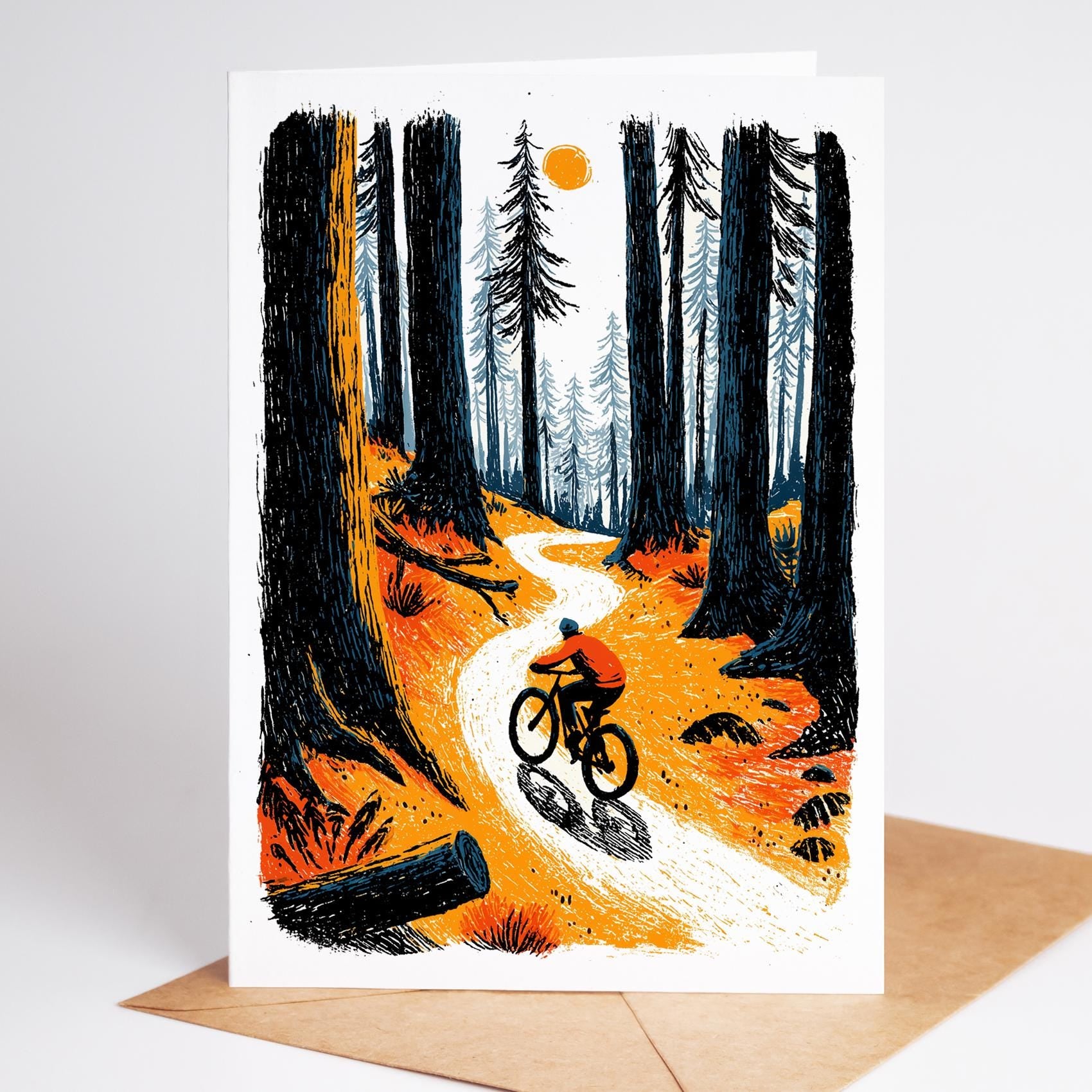 Mountain Bike folk-art greeting card, blank inside
