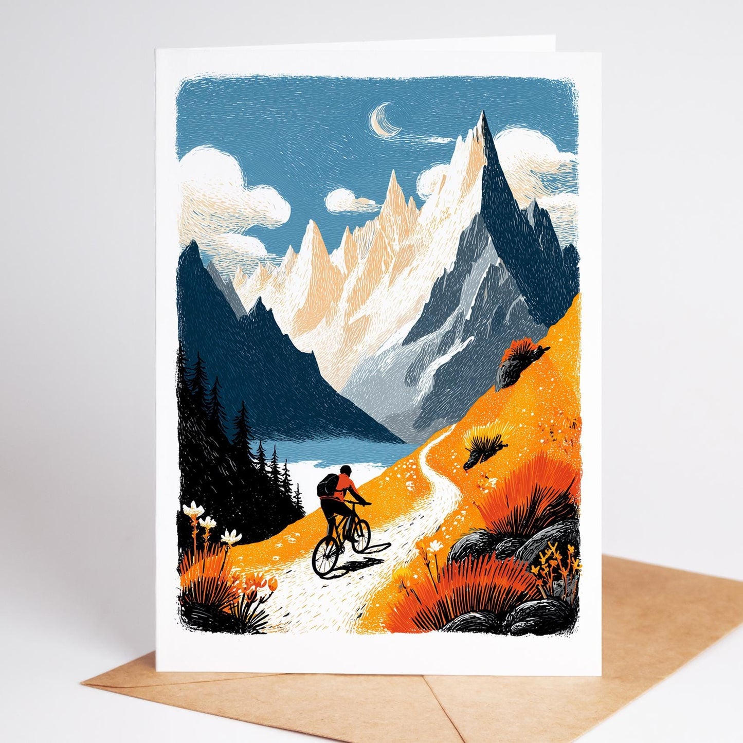 Mountain Bike folk-art greeting card, blank inside