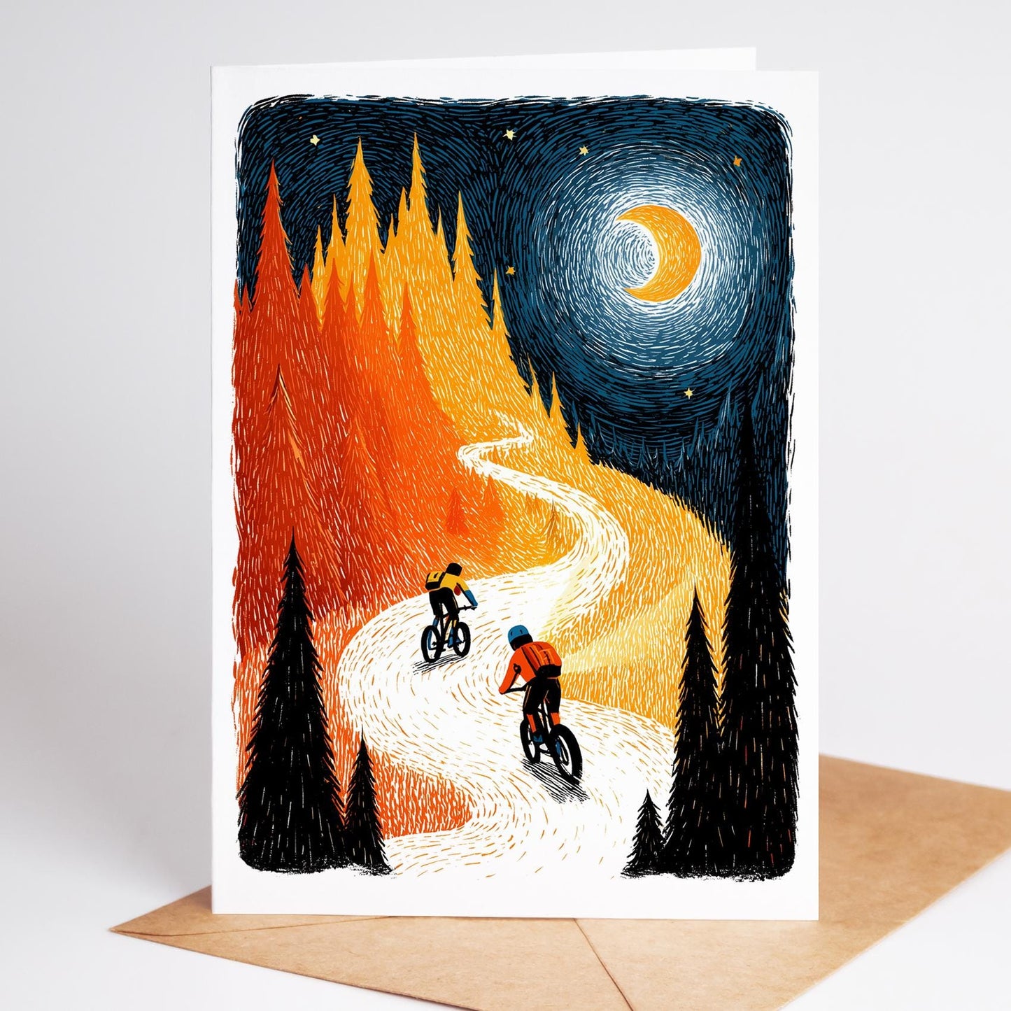 Mountain Bike folk-art greeting card, blank inside