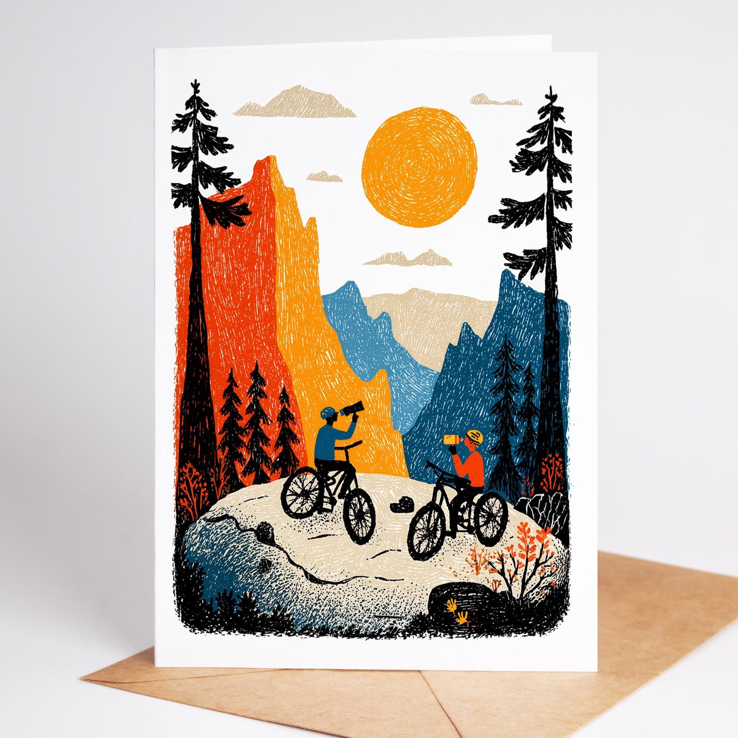 Mountain Bike folk-art greeting card, blank inside