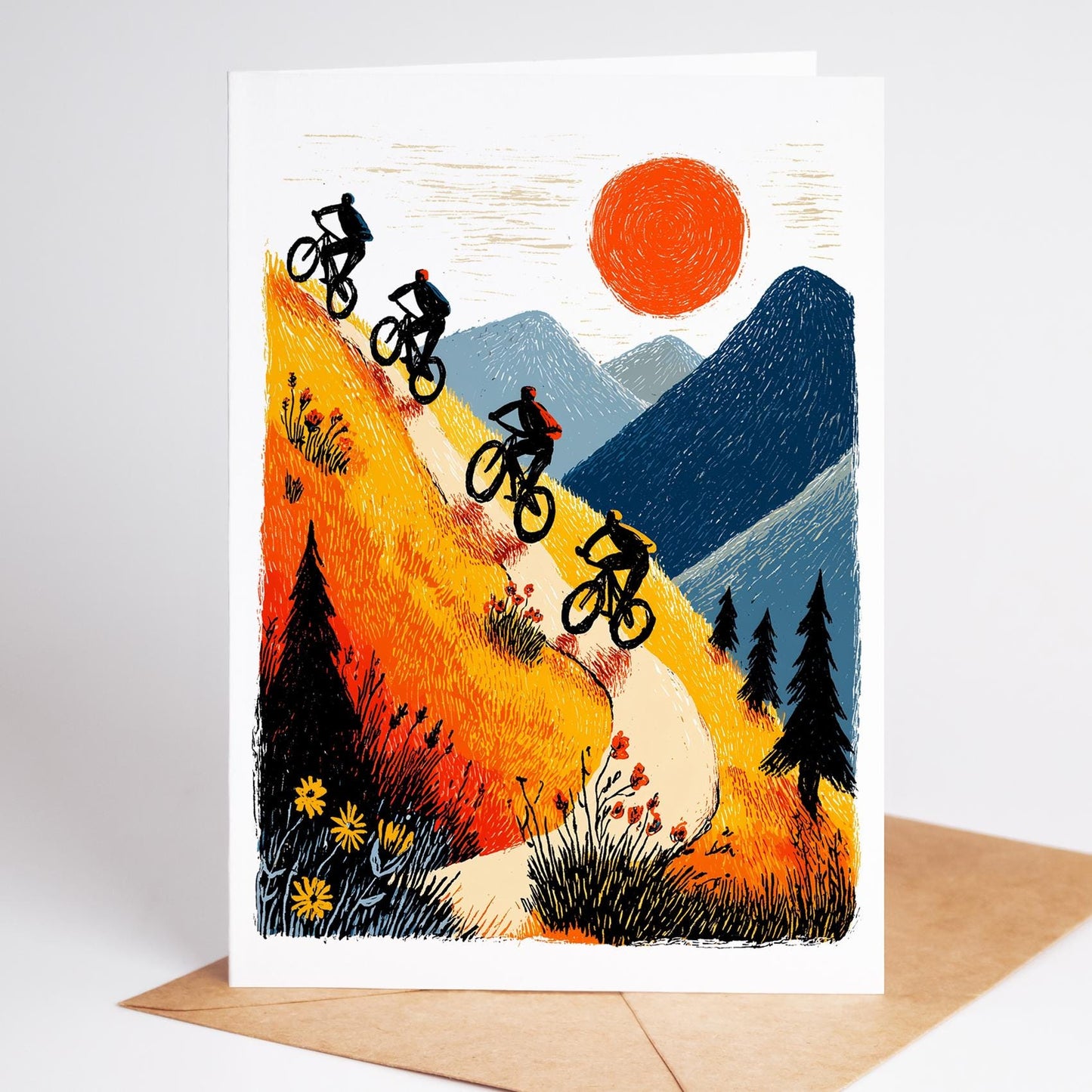 Mountain Bike folk-art greeting card, blank inside