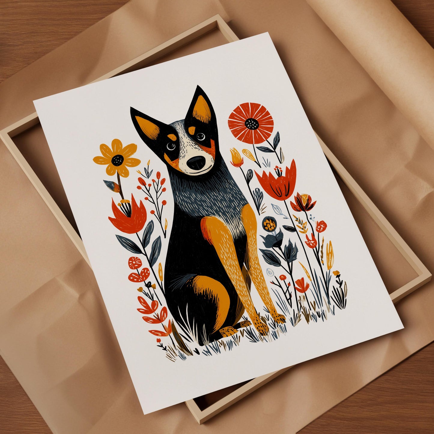 Blue Heeler folk-art art print, blank inside