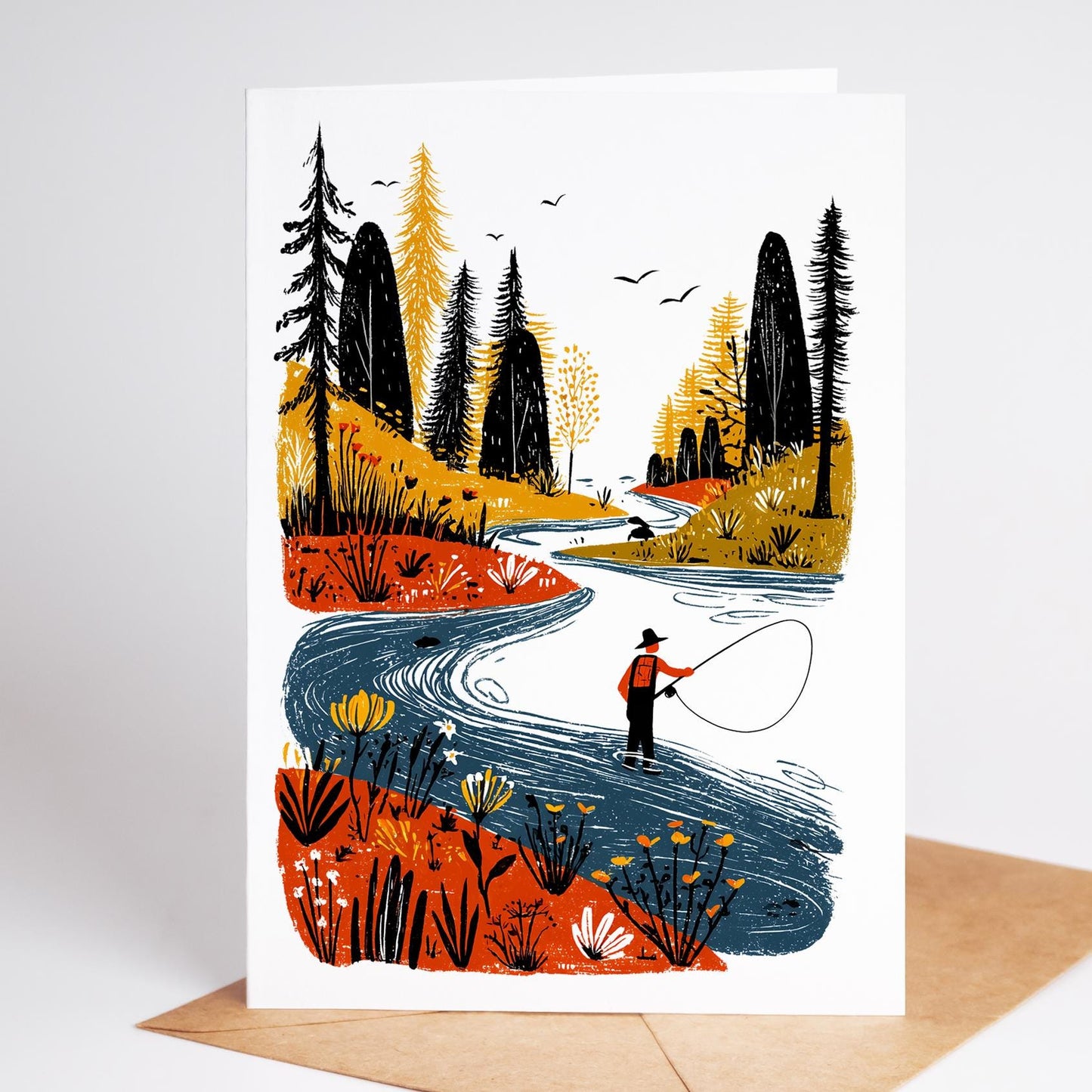 Fly Fishing folk-art greeting card, blank inside
