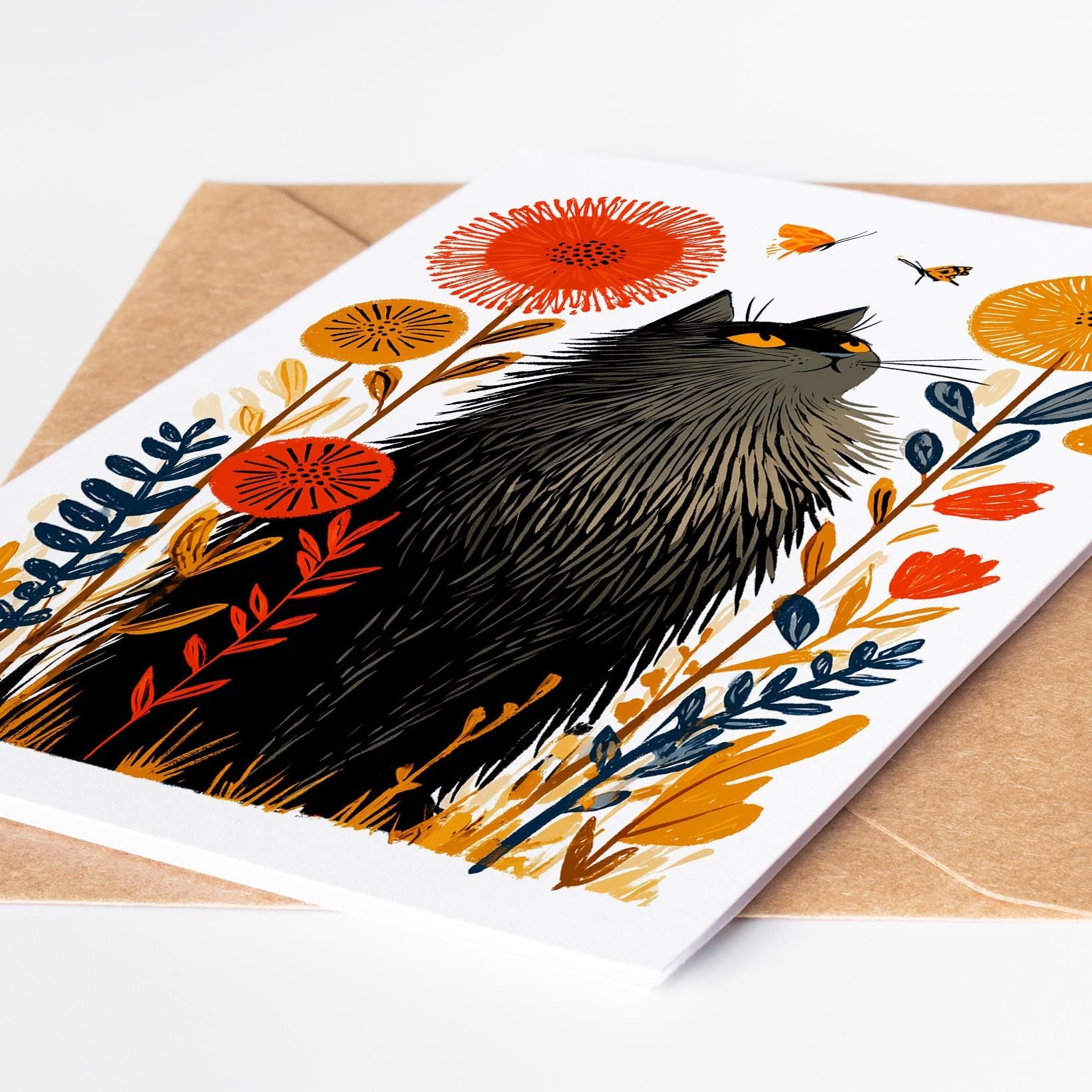 Cat folk-art greeting card, blank inside